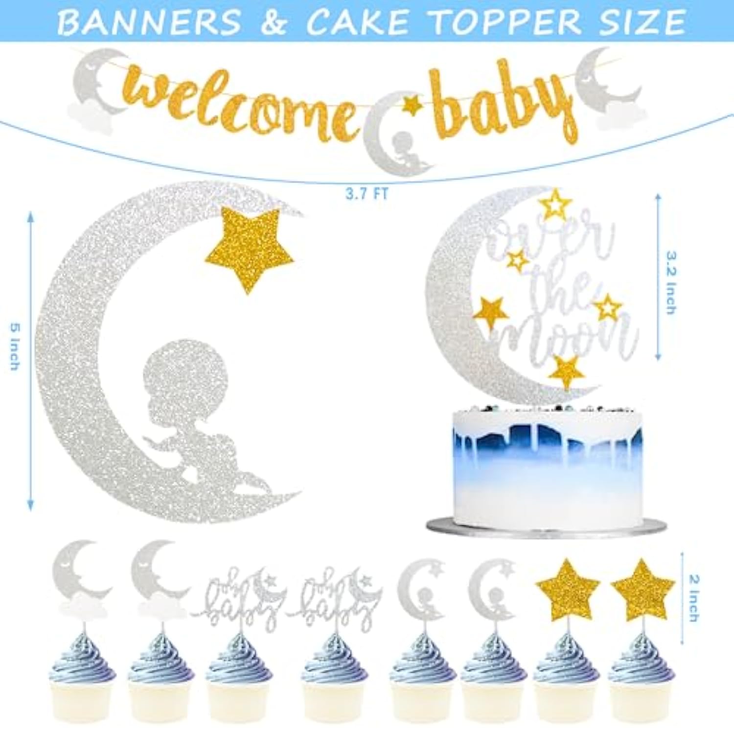 154 Pcs Over The Moon Baby Shower Decorations, We Are Over The Moon Baby Shower Decorations Backdrop Balloon Garland Glitter Banner Cake Cupcake Topper Boxes Cutout Starry Night Galaxy Sliver