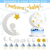 154 Pcs Over The Moon Baby Shower Decorations, We Are Over The Moon Baby Shower Decorations Backdrop Balloon Garland Glitter Banner Cake Cupcake Topper Boxes Cutout Starry Night Galaxy Sliver