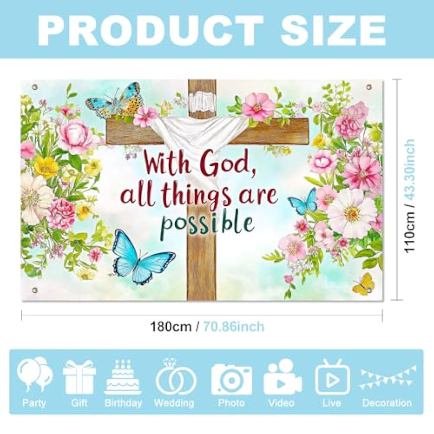 Christian Faith Banner 71X43 Inch With God All Things Are Possible Cross Scripture Backdrop Religious Spring Decor For Church Worship Home Yard Porch Easter Celebration Display