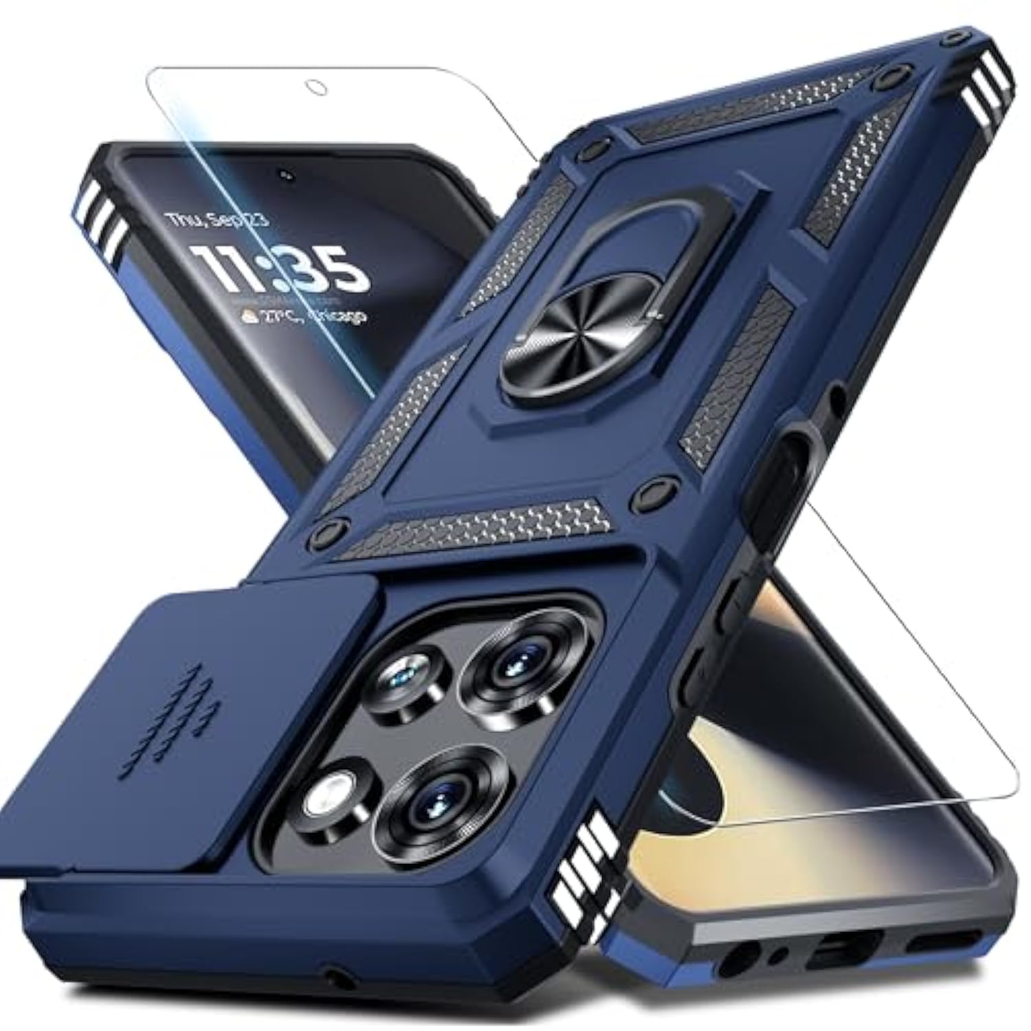 Compatible With Moto G Power 5G 2025 Case Built In Slide Camera Lens Cover+Screen Protector+Finger Ring Holder Kickstand,Heavy Duty Shockproof Full Body Protective Phone Cover,Blue