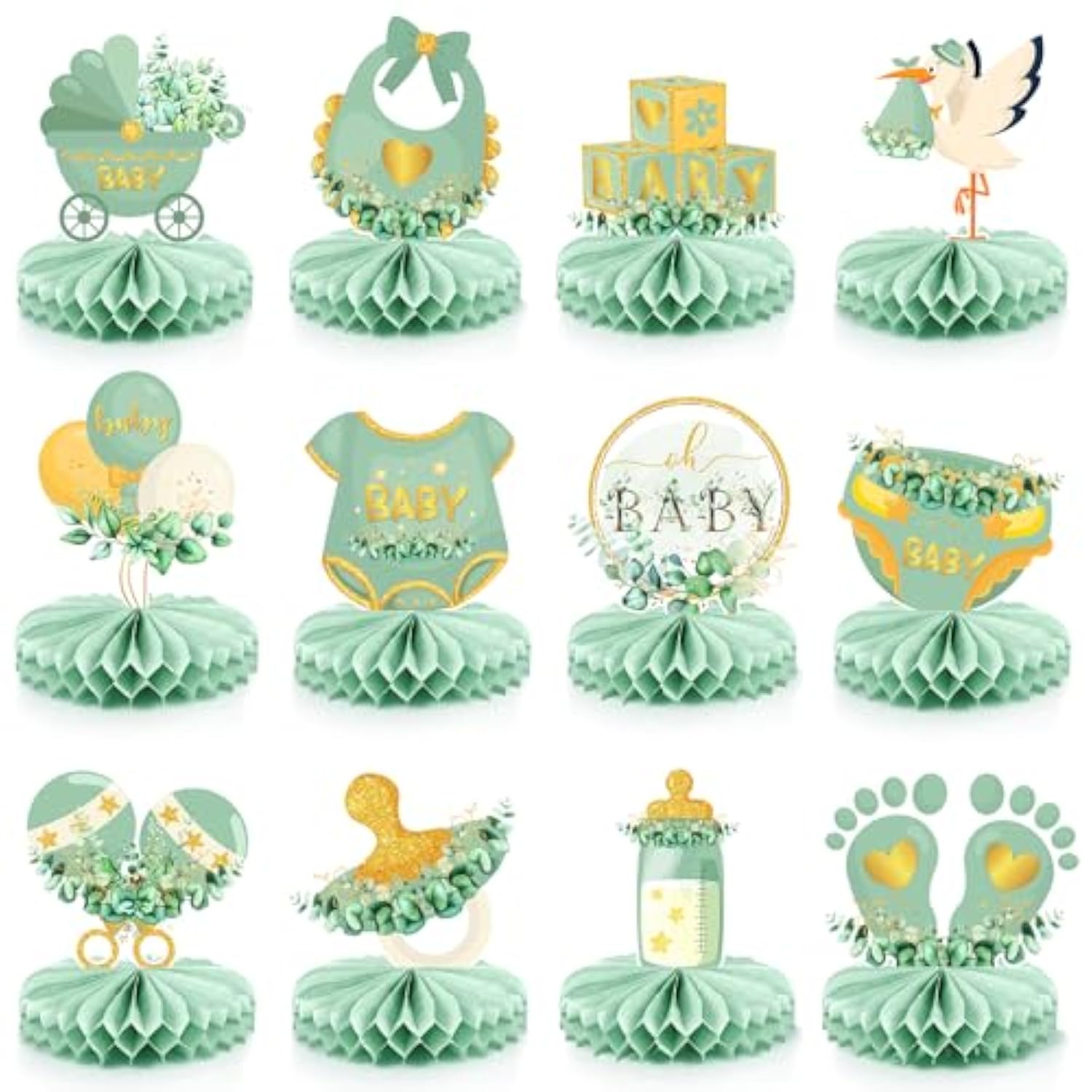 12 Pcs Greenery Baby Shower Honeycomb Centerpieces Eucalyptus Leaves Gender Reveal Table Decorations Neutral Gold Baby Shower Decorations Table Toppers For Woodland Newborn Party Supplies