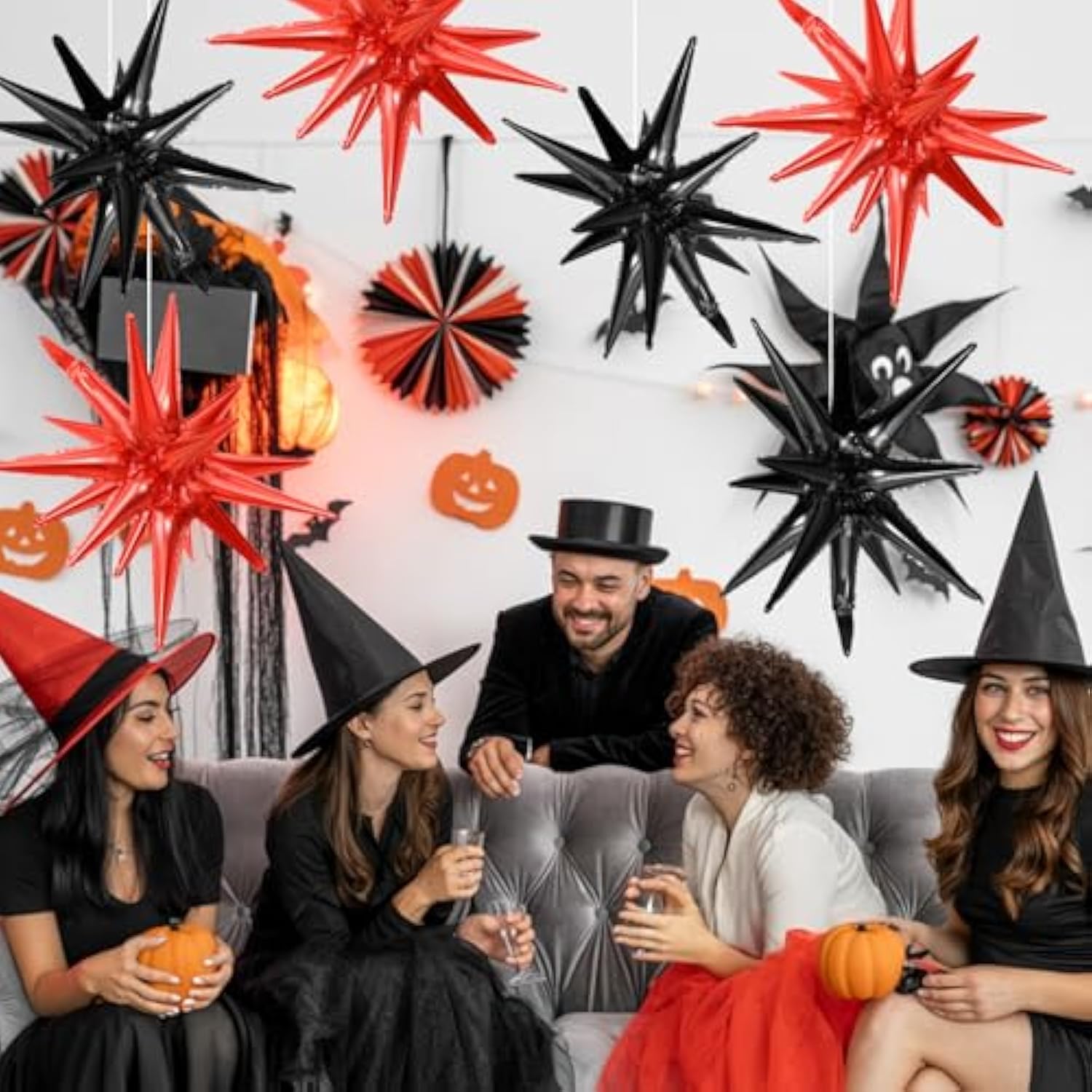 Black & Red Starburst Foil Balloons: Halloween Birthday Party Decor (9pcs)