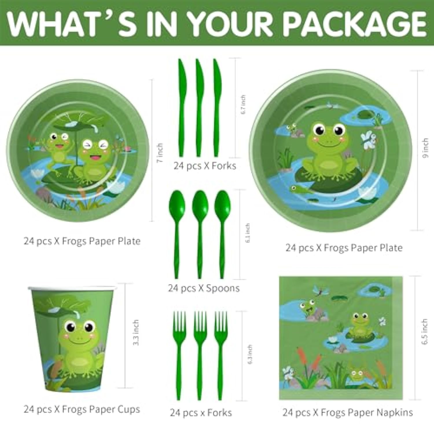 Frog Birthday Decorations Tableware - Green Frog Theme Baby Shower Birthday Party Supplies Decor, Paper Plate, Cup, Napkin, Disposable Cutlery, Serves 24