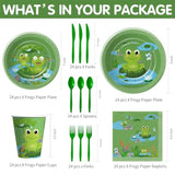 Frog Birthday Decorations Tableware - Green Frog Theme Baby Shower Birthday Party Supplies Decor, Paper Plate, Cup, Napkin, Disposable Cutlery, Serves 24