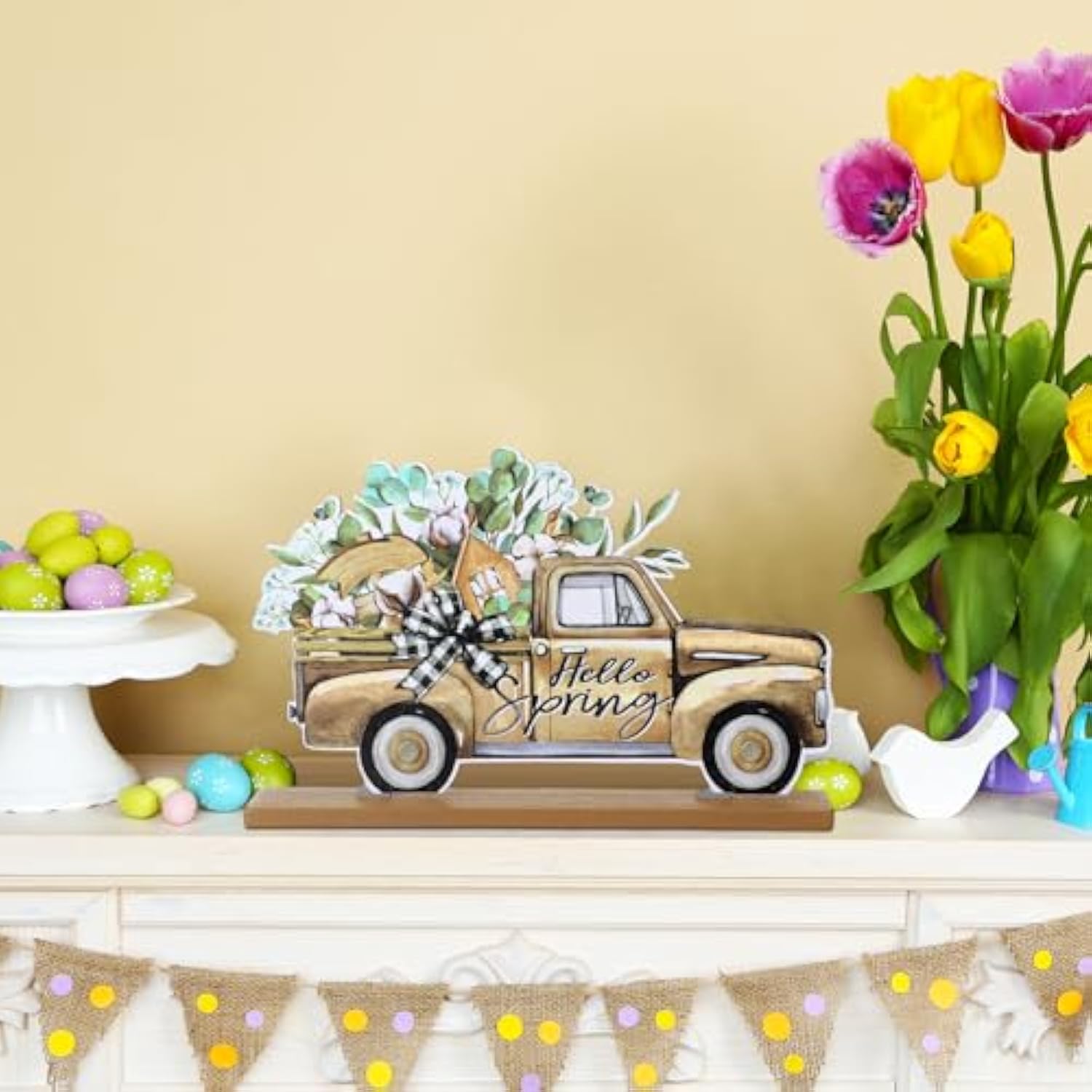 4 Pcs Spring Table Centerpieces Decorations Hello Spring Wooden Table Signs Farmhouse Flower Truck Wooden Signs For Home Party Decor(Coffee,Eucalyptus)