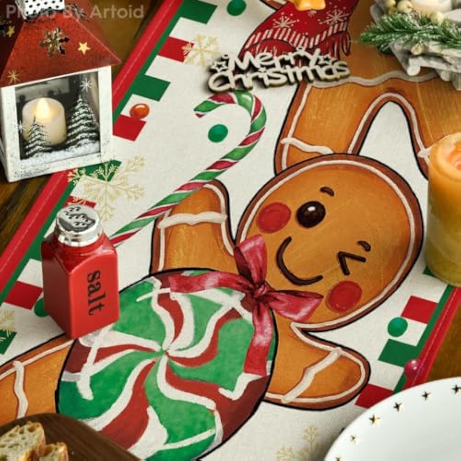 Gingerbread Candy Cane Christmas Table Runner, Seasonal Winter Kitchen Dining Table Decoration For Home Party Decor 13X72 Inch
