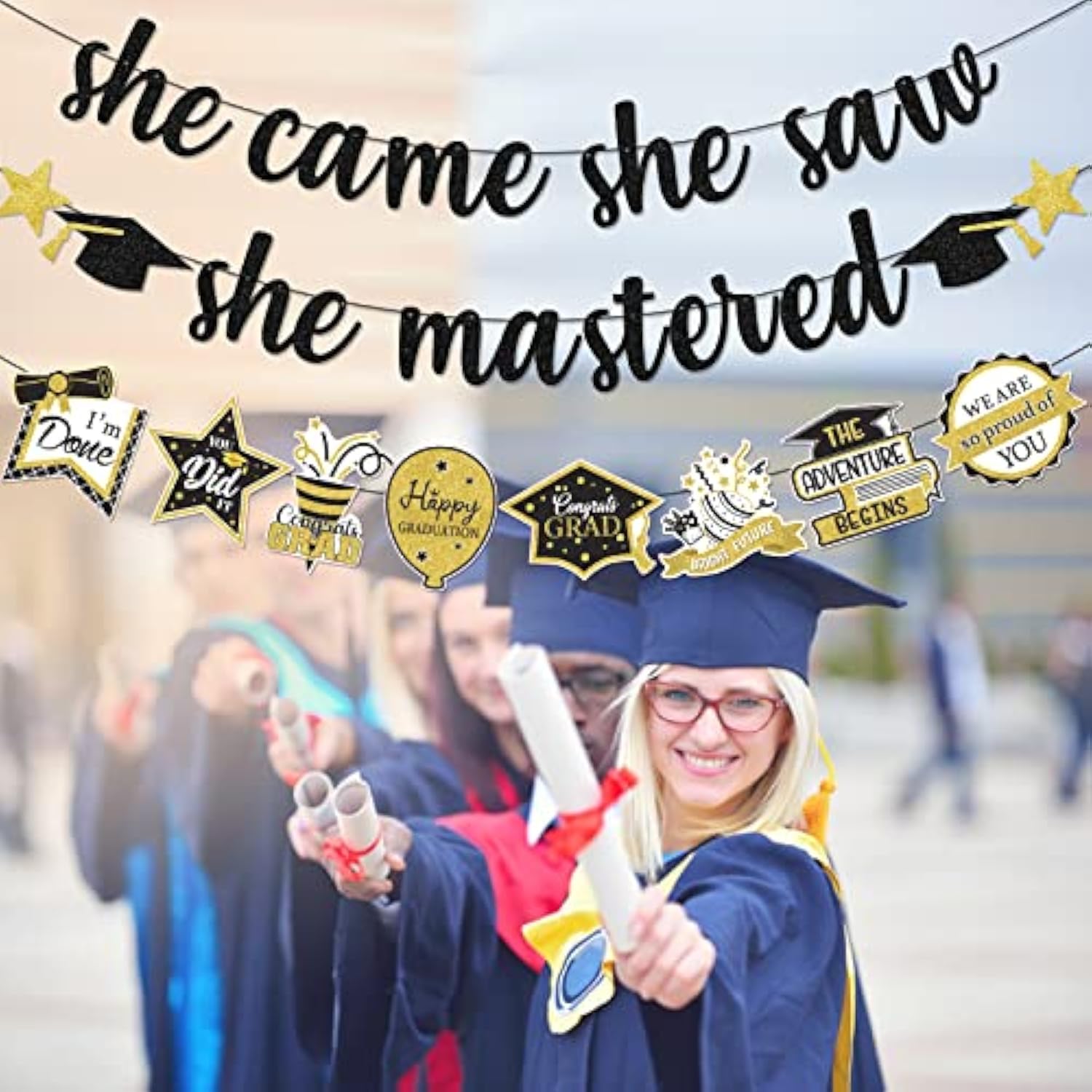 Black & Gold Masters Degree Graduation Banner - She Came, She Saw, She Mastered