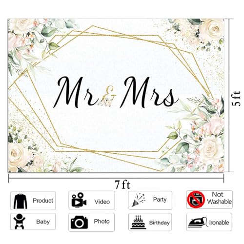 Mr & Mrs White Floral Bridal Shower Backdrop Mr Mrs Wedding Theme Photo Backgrounds 7x5ft Wedding Bride to Be Engagement Photography Backdrops Prom Party Banner Decor Party Banner Photo Booth Prop