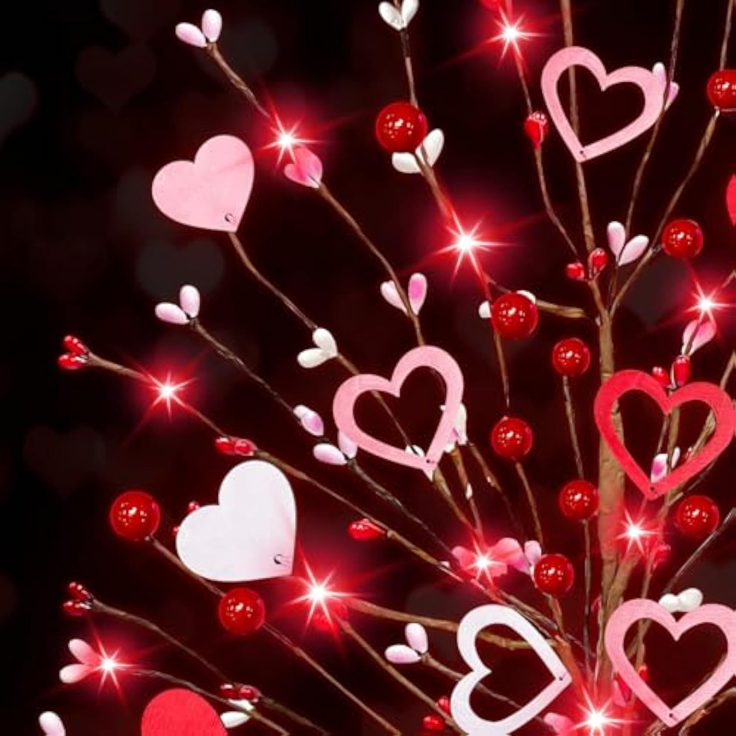 Valentine'S Day Tree Tabletop Decorations With 20 Red Lights, Timer, Battery Operated - 16 Inch, Pink & White Hearts, 32 Red Berries - Perfect For Home, Table, Bedroom, Indoor Party & Wedding Decor