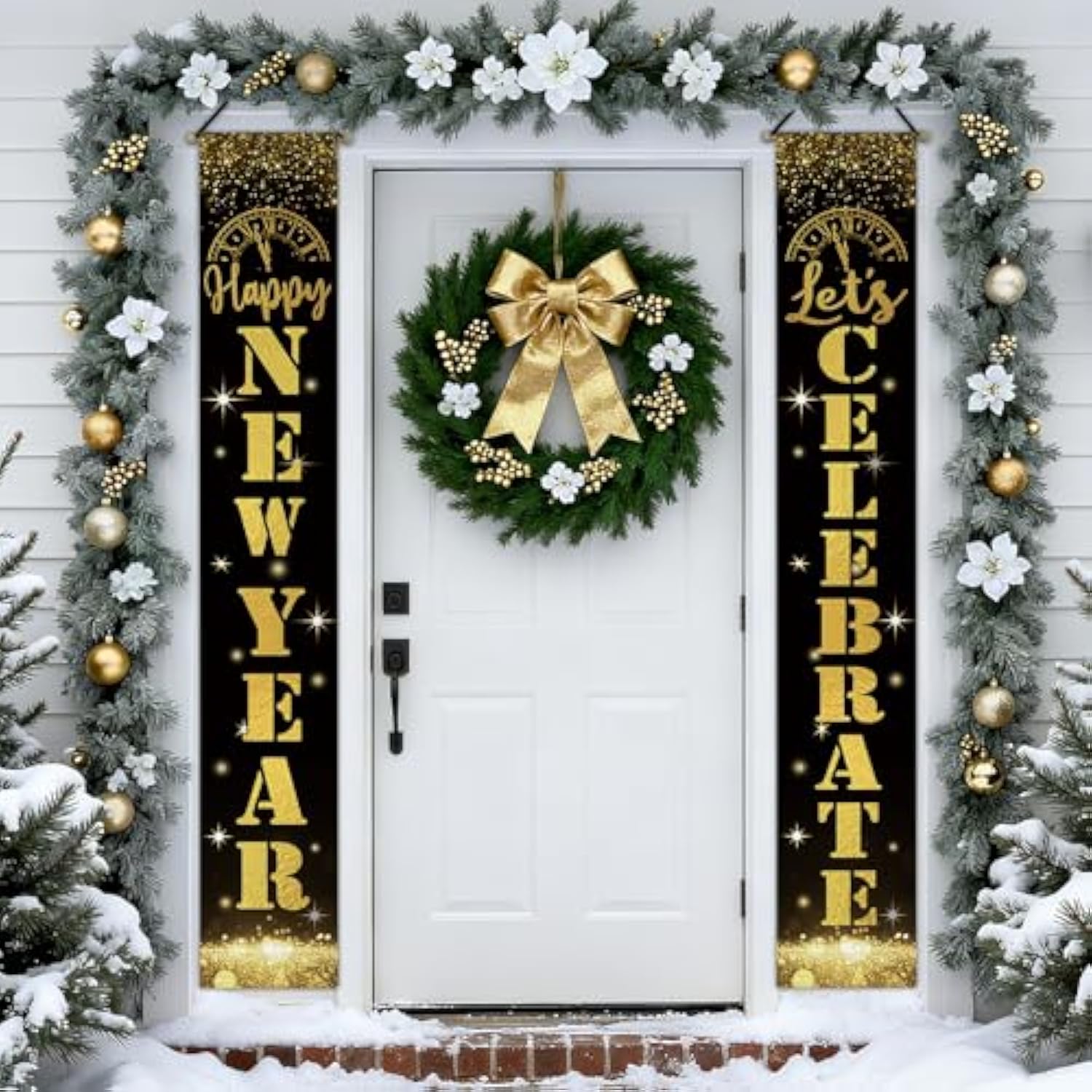 Happy New Year 2026 Porch Banner in Black Gold Glitter for Holiday Party Decor