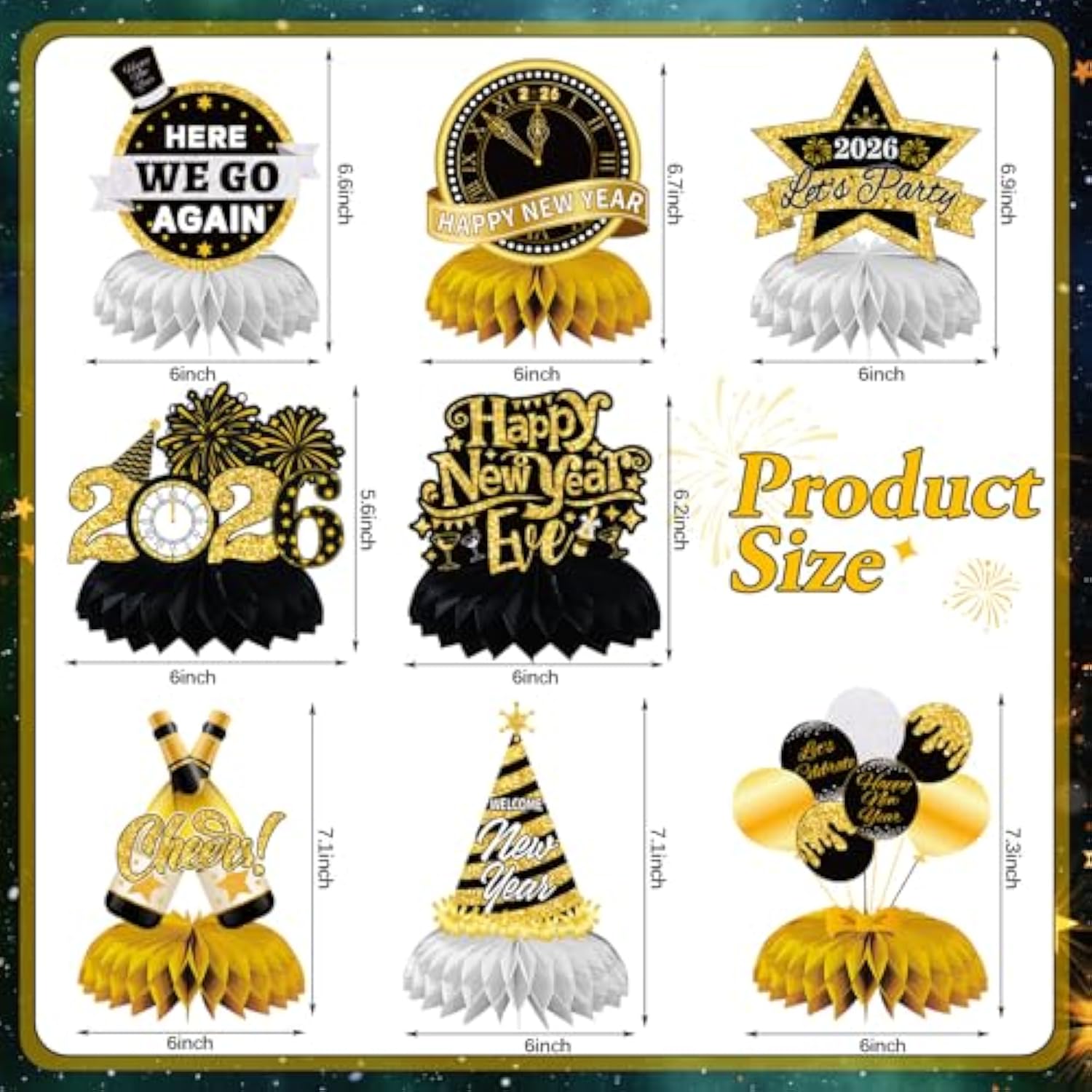 8 Pcs Black & Gold New Year 2026 Honeycomb Table Centerpieces