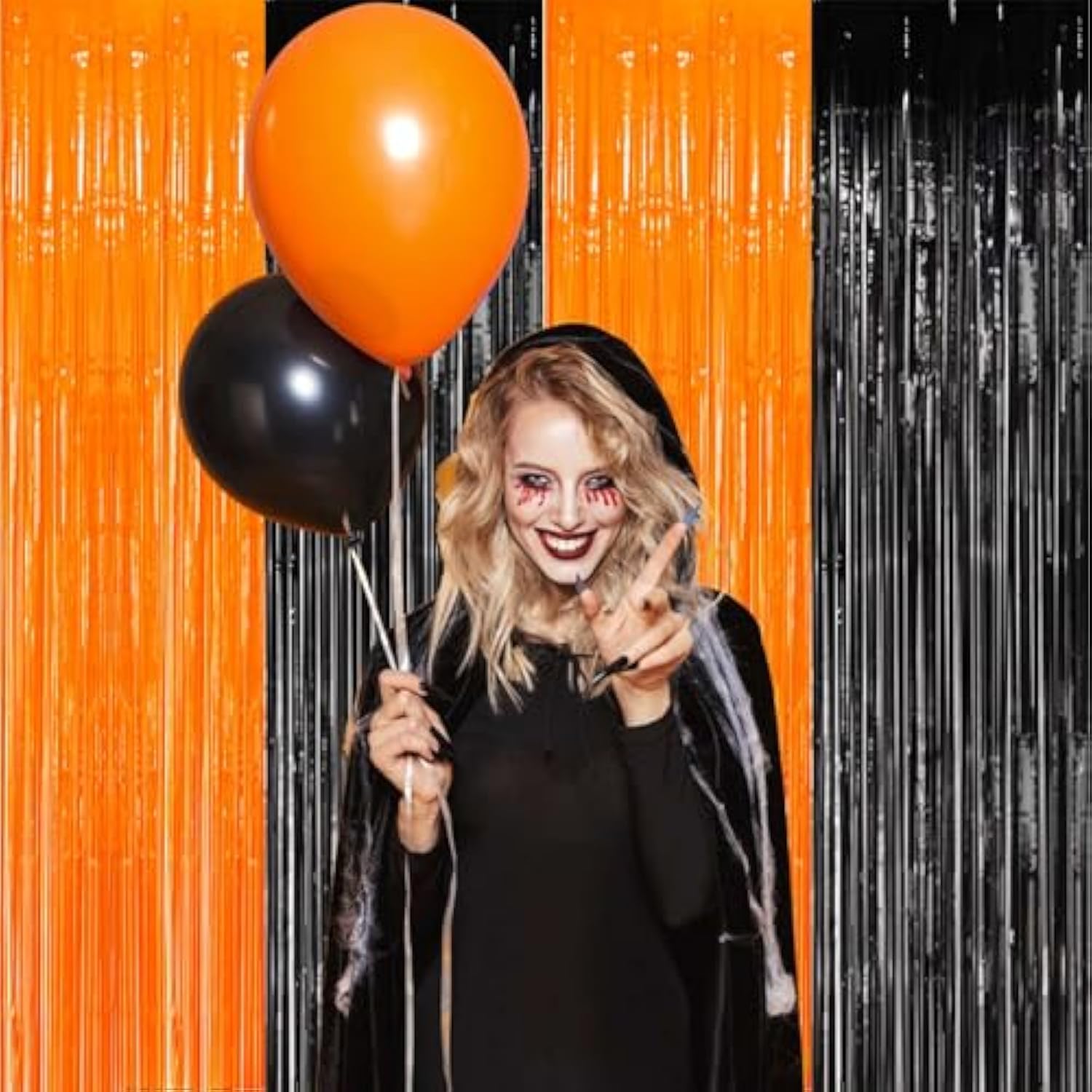 4 Pack Orange Black Foil Fringe Curtains 3.2x8.2ft Backdrop for Party Decorations