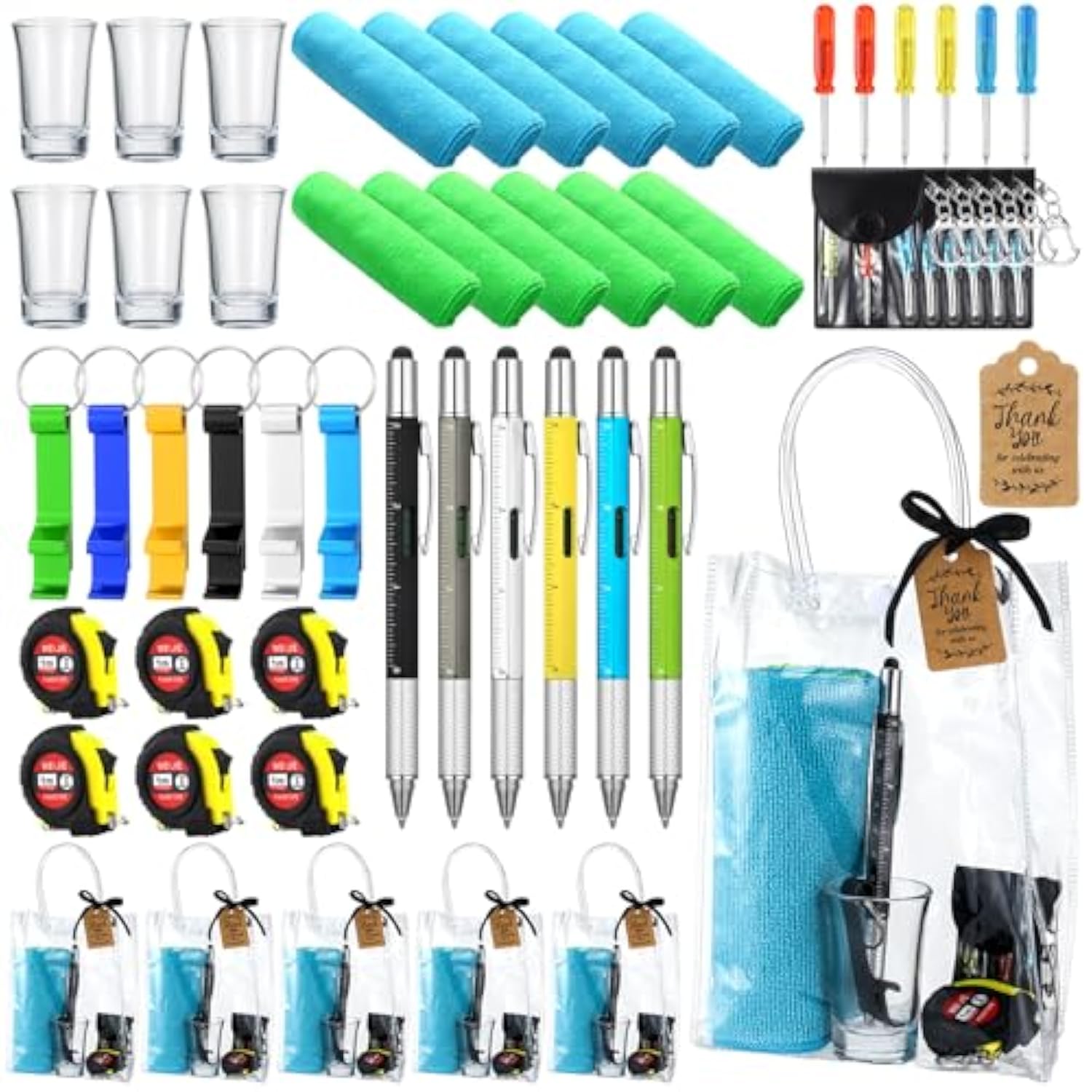 6 Set Baby Shower Prizes For Men With Cleaning Cloth Bottle Opener Screwdriver Tape Measuring Keychain Multi Tool Pen Gift Bag Baby Shower Game Prizes For Winner Bachelor Party (Blue, Green)