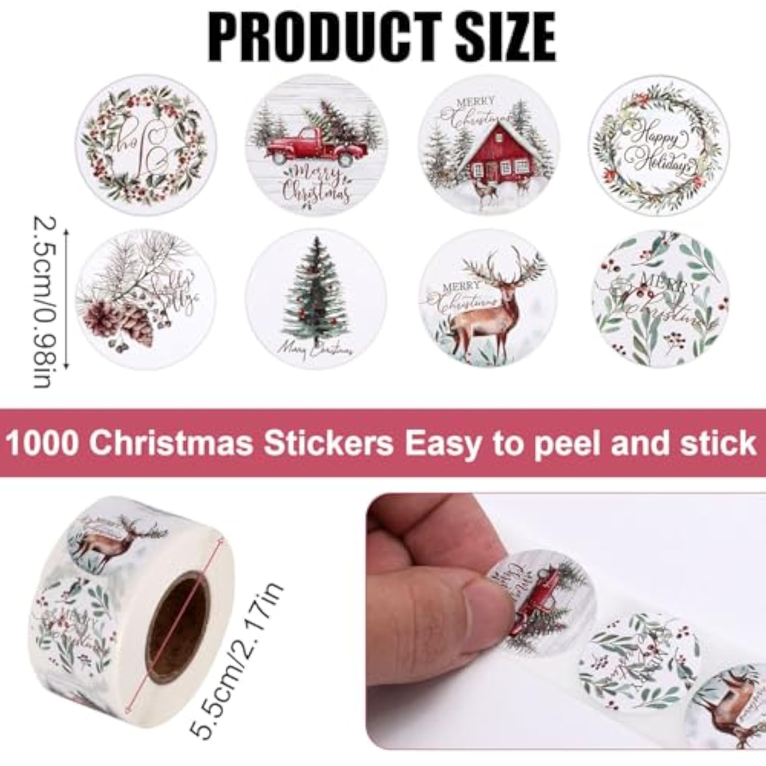 2 Rolls Christmas Stickers For Cards, 0.98In Round Merry Christmas Seals 8 Patterns Christmas Tree Elk Wreath Truck Pine Cone Christmas Label Stickers For Water Bottle Envelopes Gift Crafts