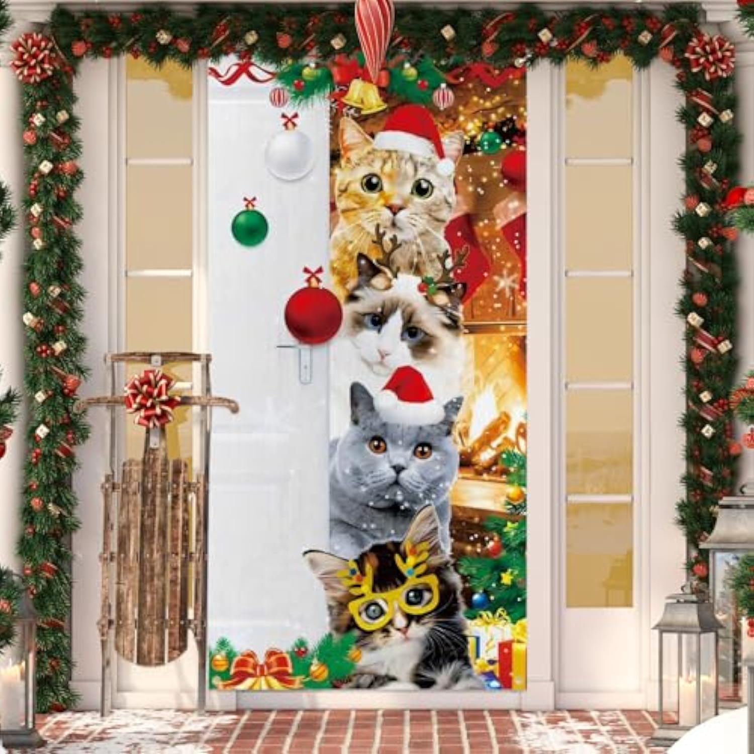 Christmas Door Cover Cute Santa Cat Front Door Covers Decoration 71X36 Inch, Merry Christmas Banner For Holiday Parties, Winter Xmas Decor, Festive Backdrop For Home & Office