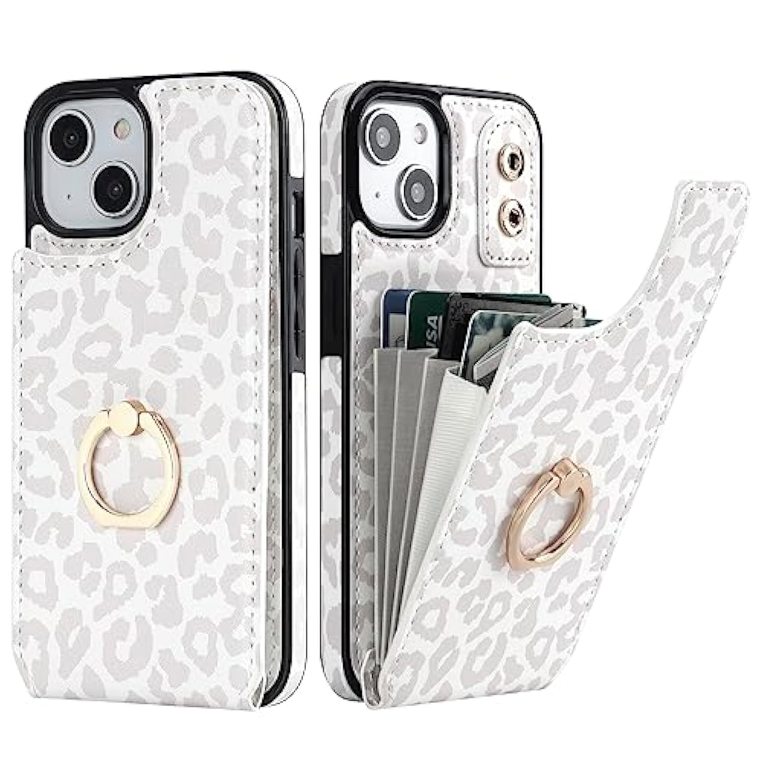 For Iphone 13/ Iphone 14 Wallet Case With Card Holder, 360°Rotation Ring Kickstand, White Leopard Cheetah Pattern, Rfid Blocking Leather For Girls Women, Double Buttons Flip 6.1"