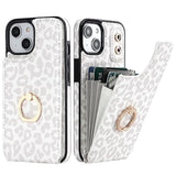 For Iphone 13/ Iphone 14 Wallet Case With Card Holder, 360°Rotation Ring Kickstand, White Leopard Cheetah Pattern, Rfid Blocking Leather For Girls Women, Double Buttons Flip 6.1"