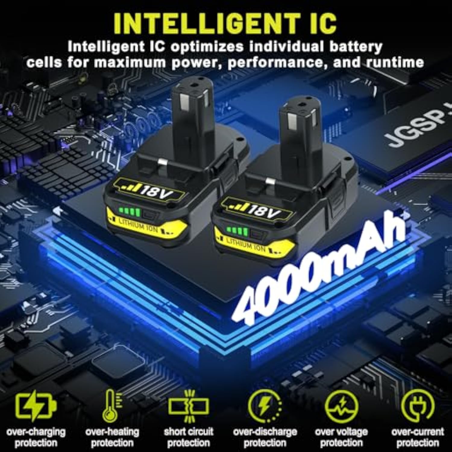 4.0Ah Battery Replacement For Ryobi 18V Battery P102 P103 P104 P105 P107 18Volt One+ Lithium Batteries (2Pack)