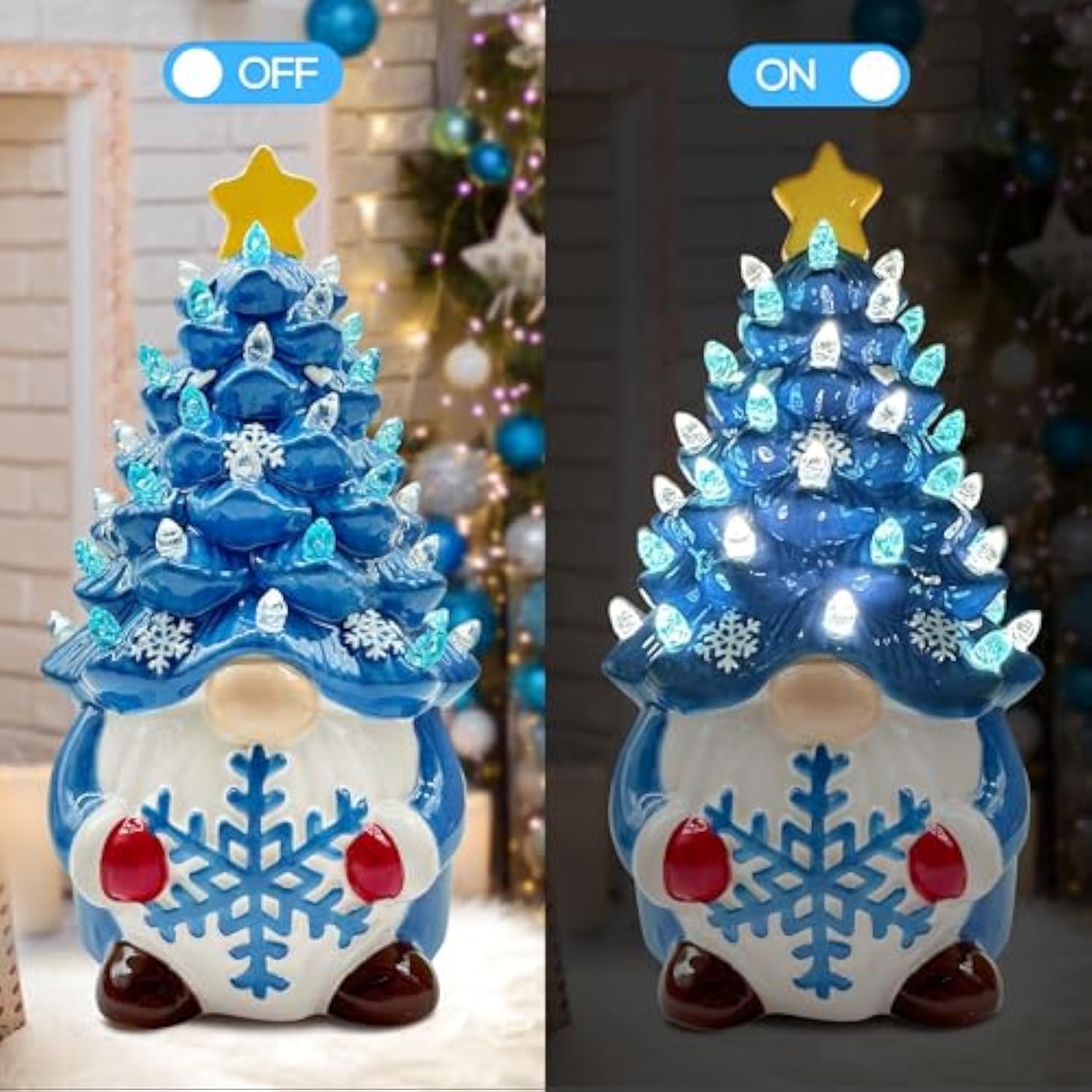 Ceramic Christmas Tree, Christmas Gnomes Decorations For Table Indoor, Blue Gnome Lighted Ceramic Tree Decor
