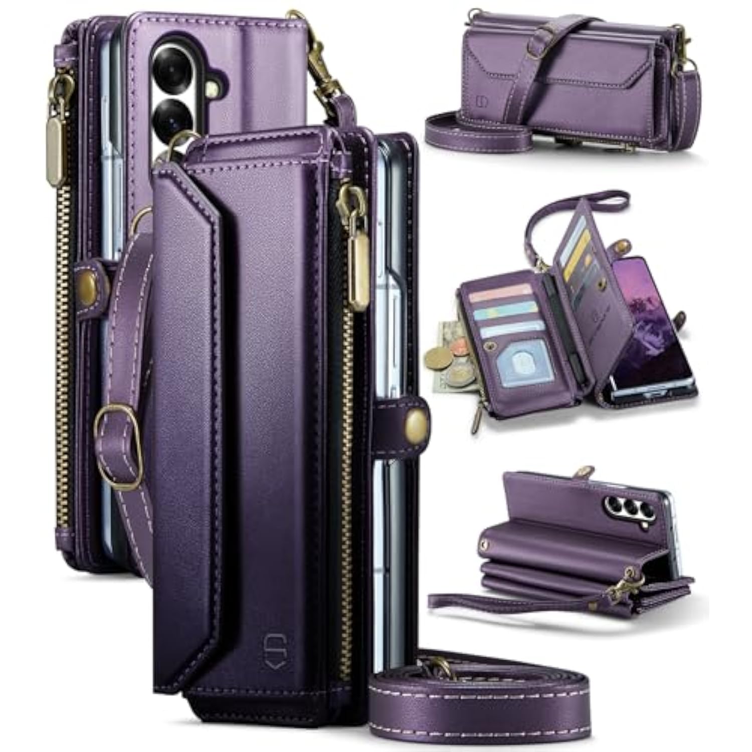 Wallet Case Compatible With Samsung Galaxy Z Fold 7 With Rfid Blocking Card Holder Slot Soft Pu Leather Shoulder Strap Zipper Pocket Purse Galaxy Z Fold7 Phone Case, Purple