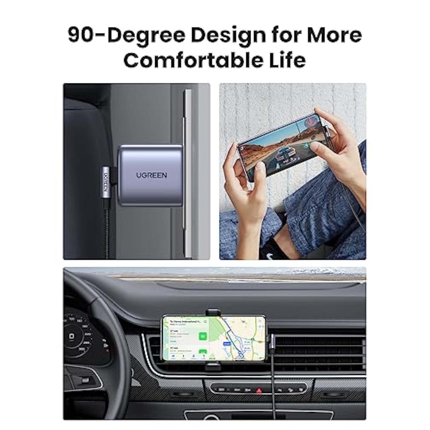 UGREEN Right Angle USB C Cable 10FT, 60W USB C to USB C Cable 90 Degree Type C Cable for iPhone 17/16, MacBook Pro/Air, iPad Pro 2022/Air 5/Mini 6, Galaxy S25/S24/S22, Pixel 8/7, Switch