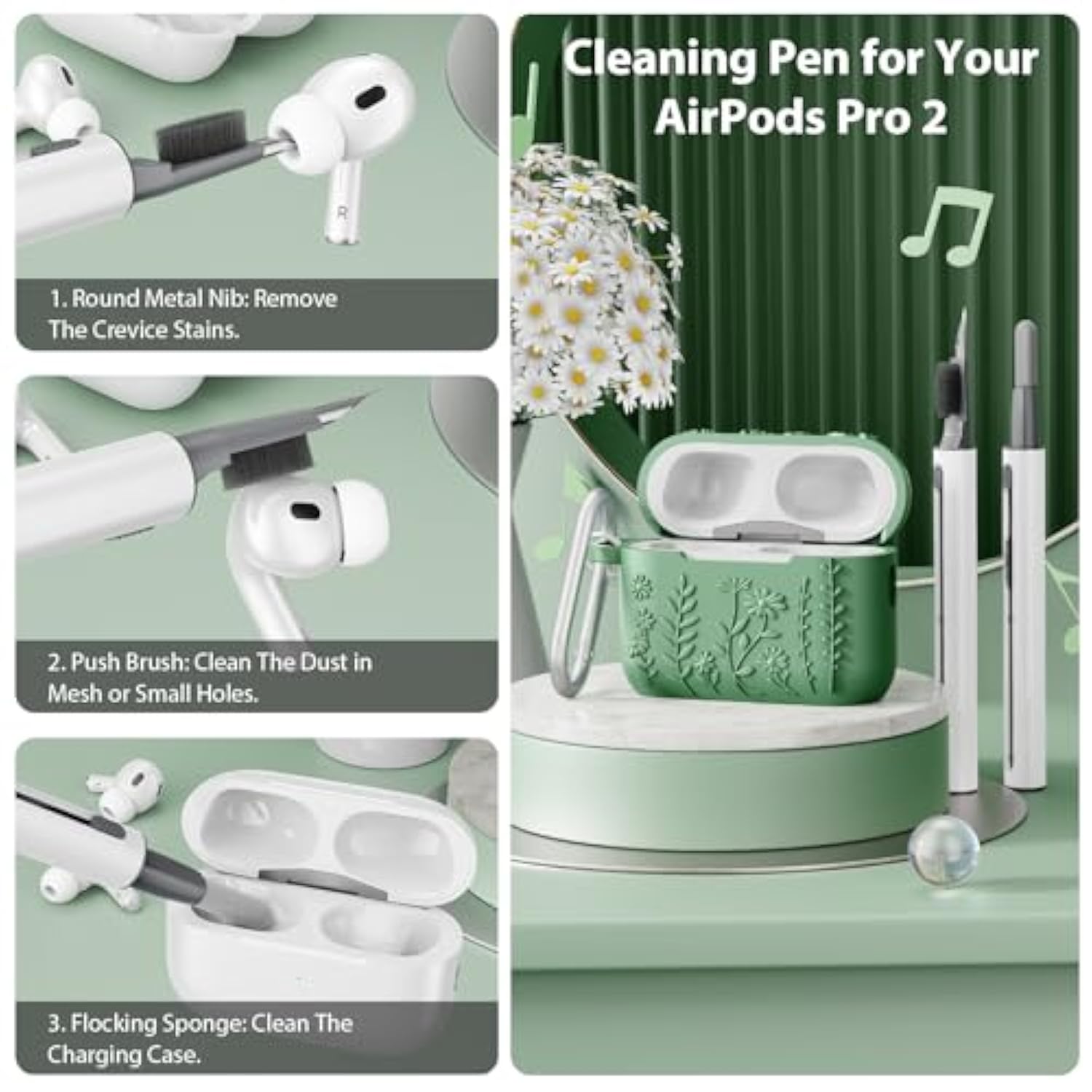 Airpod Pro 2Nd Generation Case, 3D Floral Embossed Soft Silicone Protective Cover With Cleaner Kit For Apple Airpods Pro 2Nd 1St Gen Case With Keychain (2023/2022), Green