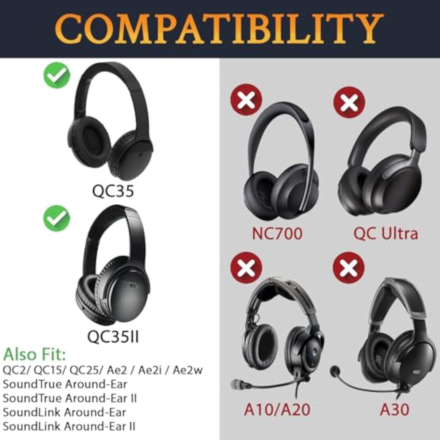 Replacement Earpads Cushions For Bose Quietcomfort 35 (Qc35) & Quiet Comfort 35 Ii (Qc35 Ii) Headphones, Ear Pads With Softer Leather, Noise Isolation Foam, Added Thickness (Black)