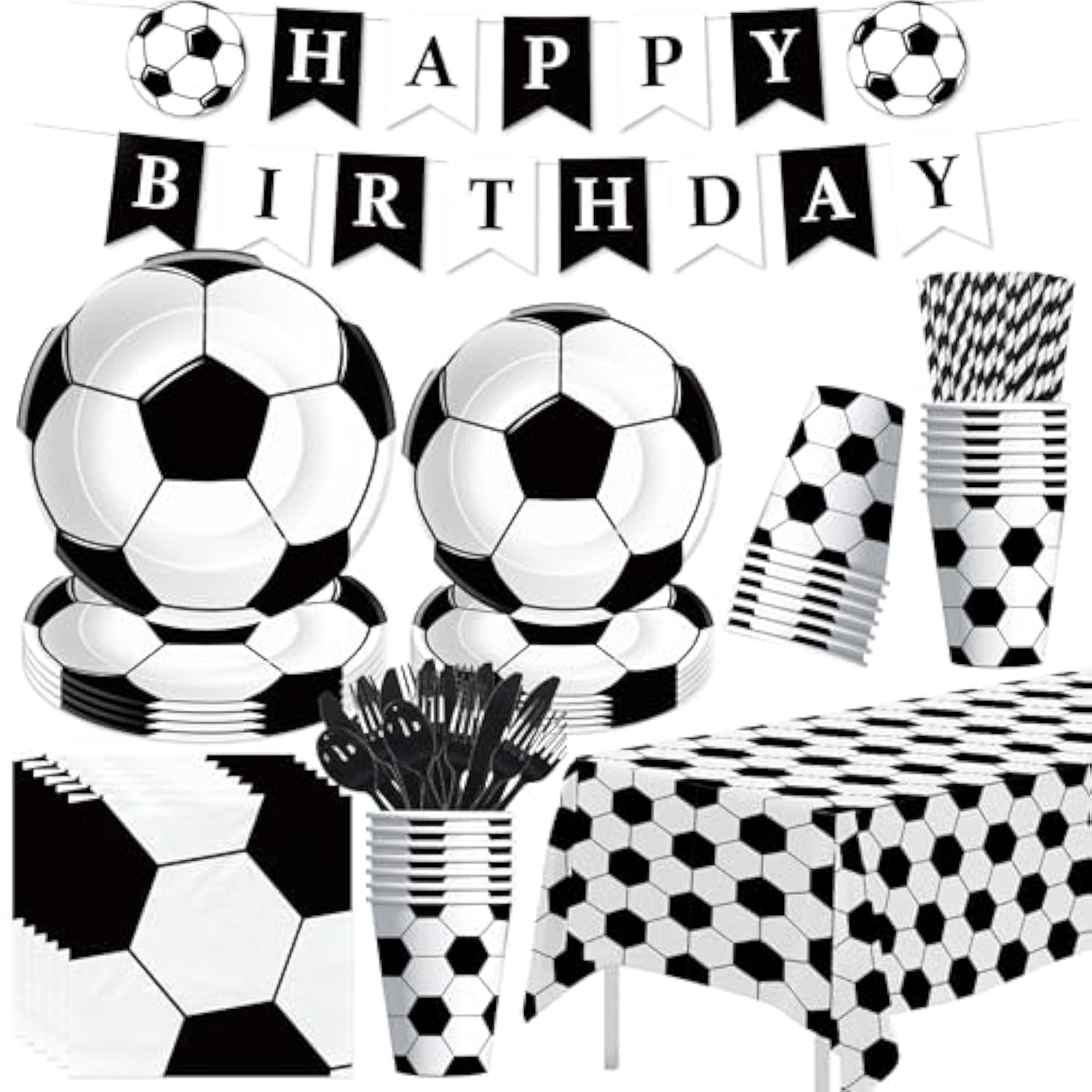 Soccer Birthday Party Supplies, Sports Theme Soccer Party Decorations Tableware, Paper Plates, Cups, Napkins, Happy Birthday Banner, Tablecloth, Cutlery, Serves 24