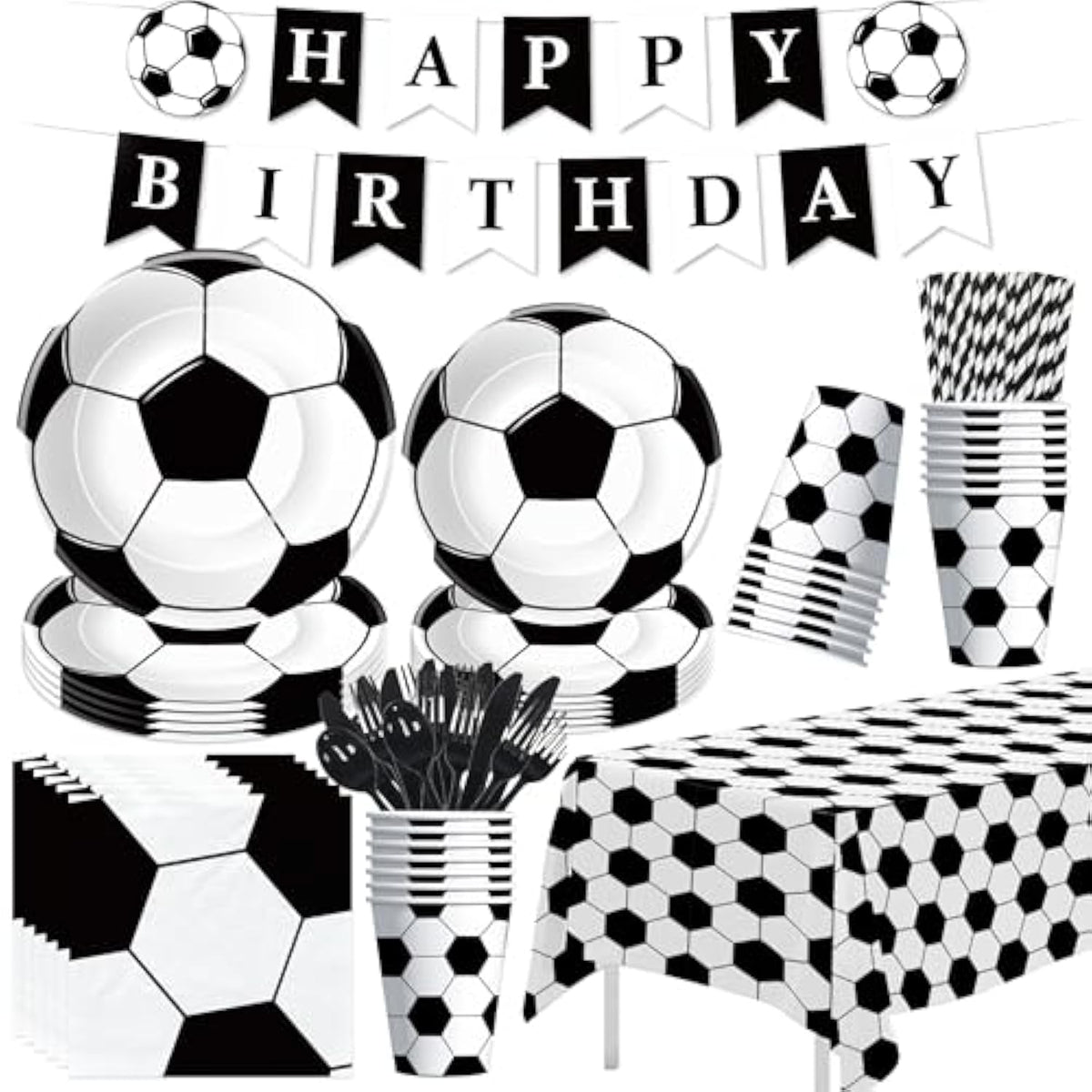 Soccer Birthday Party Supplies, Sports Theme Soccer Party Decorations Tableware, Paper Plates, Cups, Napkins, Happy Birthday Banner, Tablecloth, Cutlery, Serves 24
