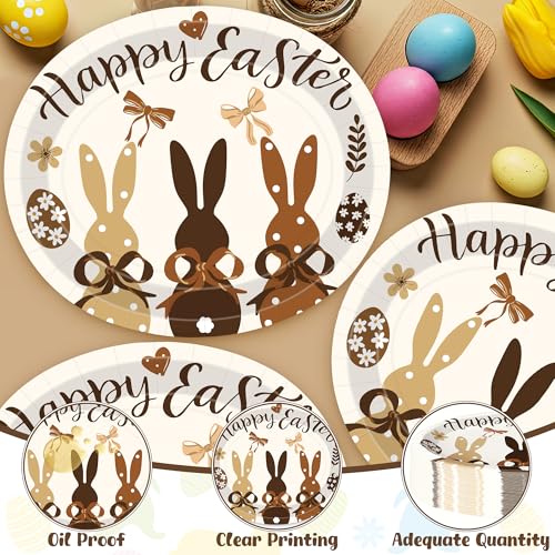 50 Pcs Easter Oval Paper Plates, 12.2 X10.2 Inch Heavy Duty Disposable Plates, Brown Tone Bunny Egg Design Easter Decorations Platters, Spring Tableware for Family Gathering Holiday Party Supplies