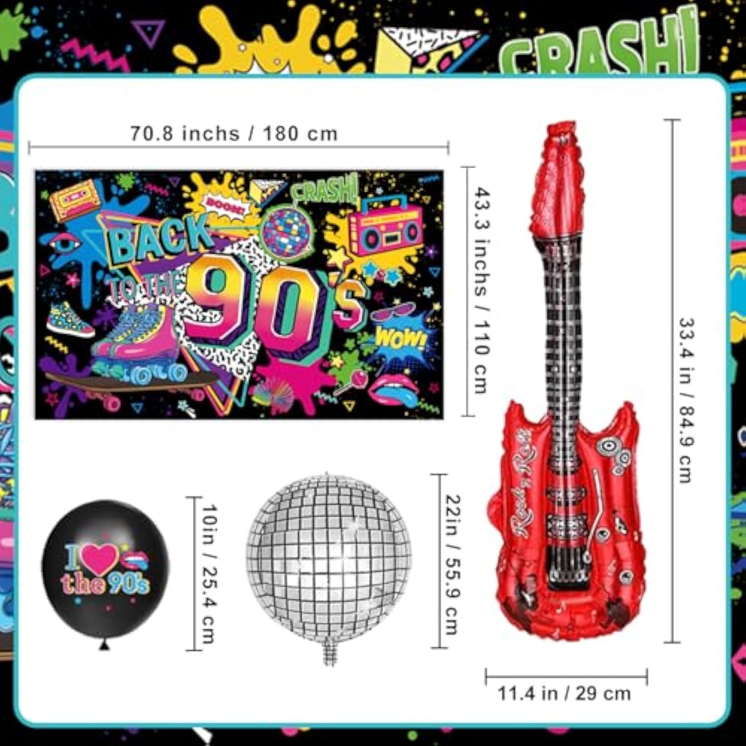 90S Party Decorations Includes 90'S Backdrop, Foil & Latex Balloons, Cake & Cupcake Toppers, Honeycomb Centerpieces Banner, Hanging Swirls For 80S 90S Party Decorations