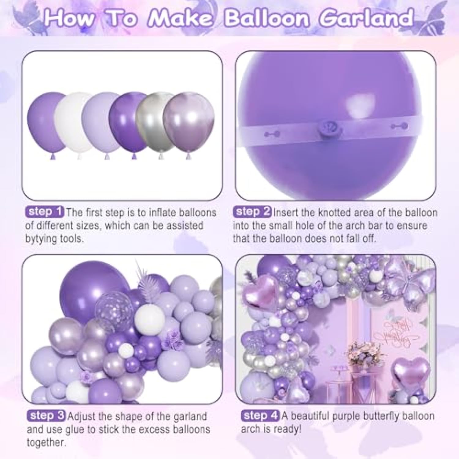 171Pcs Purple Butterfly Balloons Arch Garland Kit, Purple Silver Different Sizes Lavender Lilac Butterfly Foil Balloons For Baby Bridal Shower Birthday Party Decoration