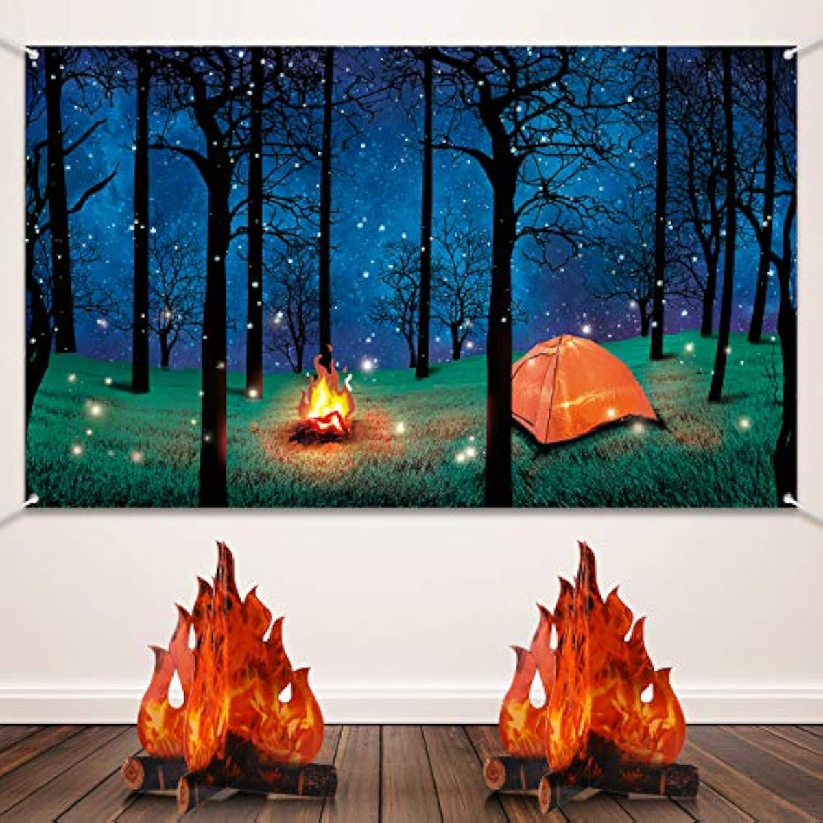 Forest Camping Backdrop with 3D Campfire Centerpiece Party Decor