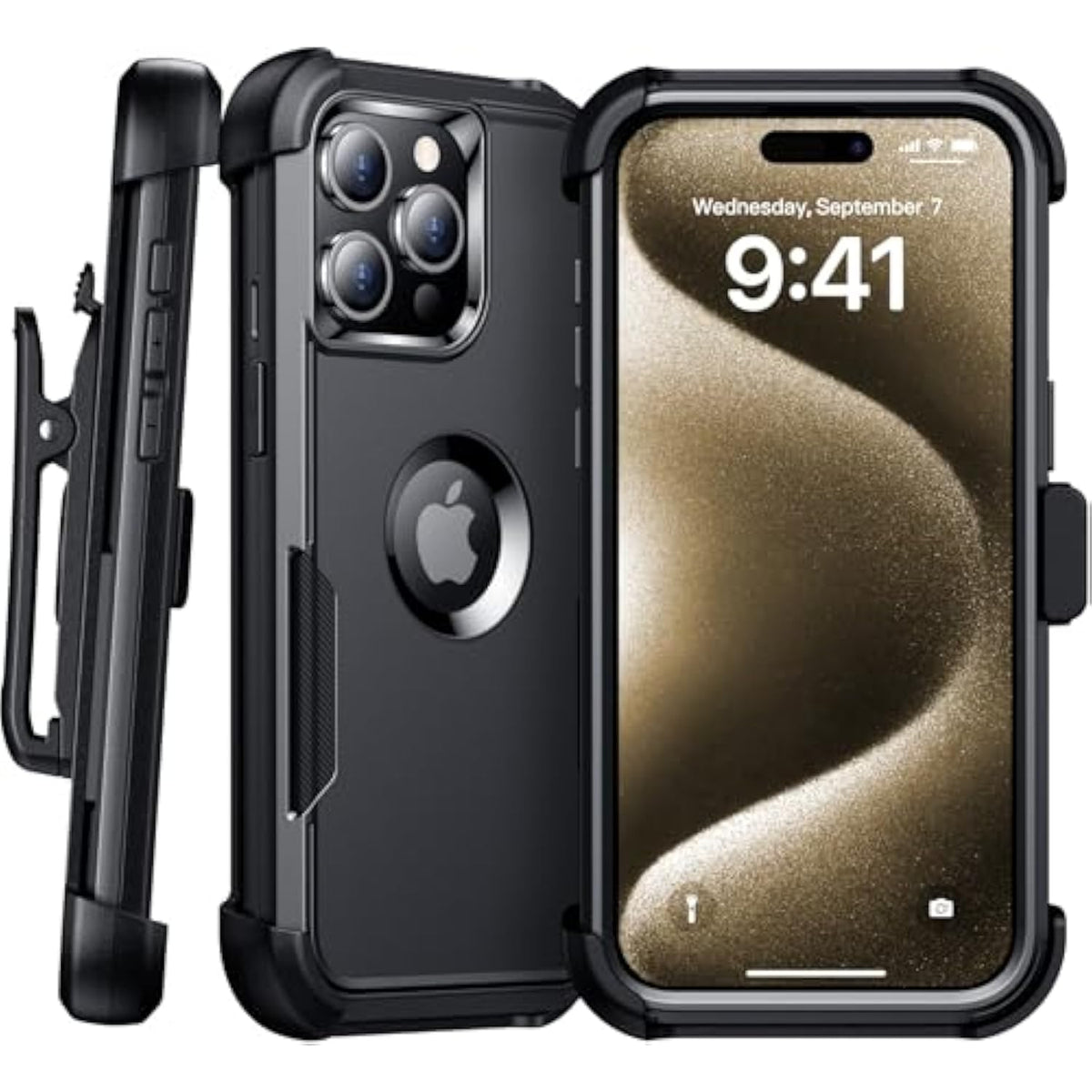 For Iphone 15 Pro Max Case,With [Belt Clip Holster] [Screen & Camera Protector][360°Rotating Kickstand] Anti-Drop,Shockproof,Heavy Duty Protection,Black