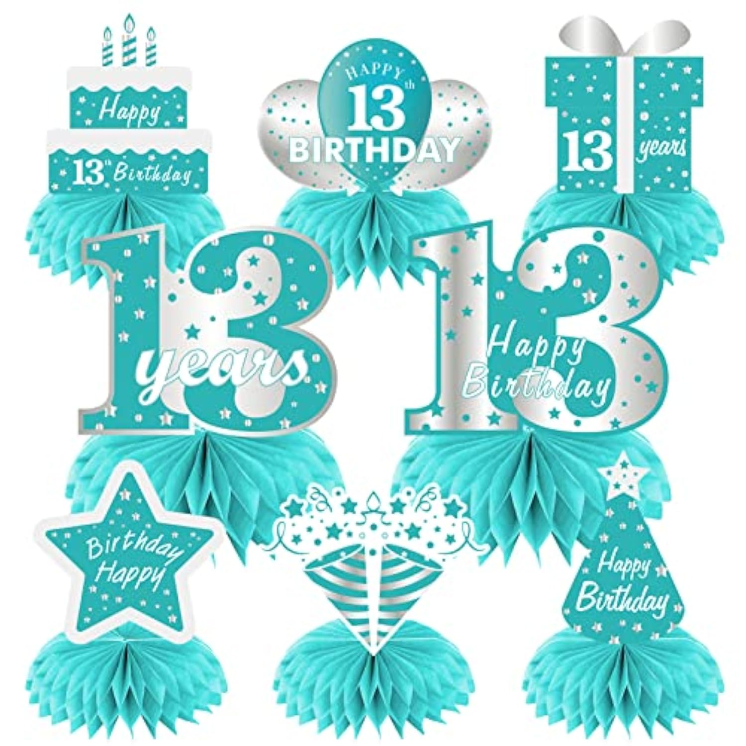 Teal Silver 13Th Birthday Decorations Honeycomb Centerpieces For Girls