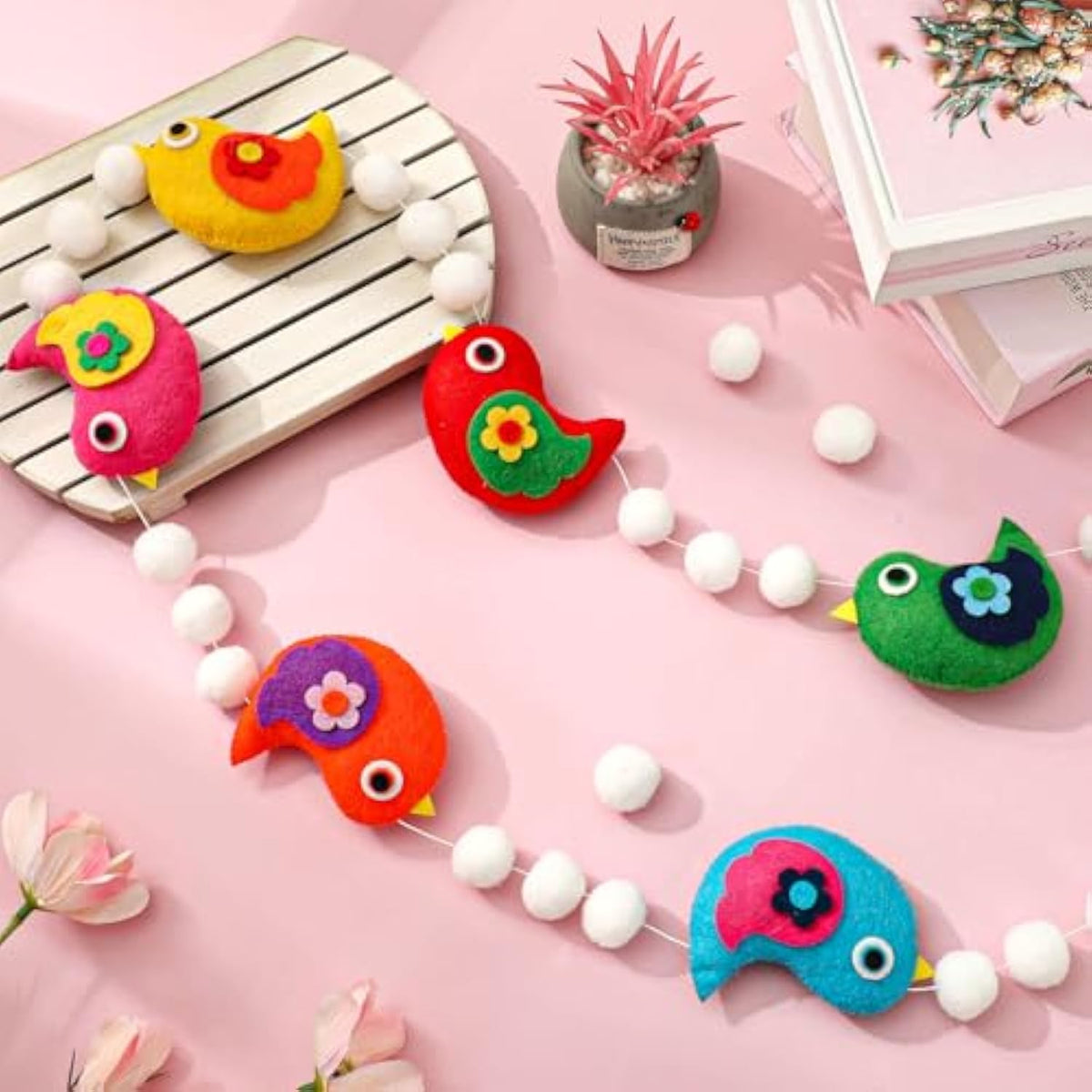8.2 Ft Spring Bird Felt Banner Funny Bird Pom Pom Ball Pre-Strung Banner Colorful Hanging Garland Ornament For Party Home Classroom Wall