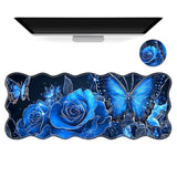 Large Gaming Mouse Pad With Coaster, Edge Stitching Keyboard Blue Rose Butterfly Mouse Mat For Desk, 31.5" X 11.8" Household Extended Desk Pad For Desktop, Non-Slip Rubber Base