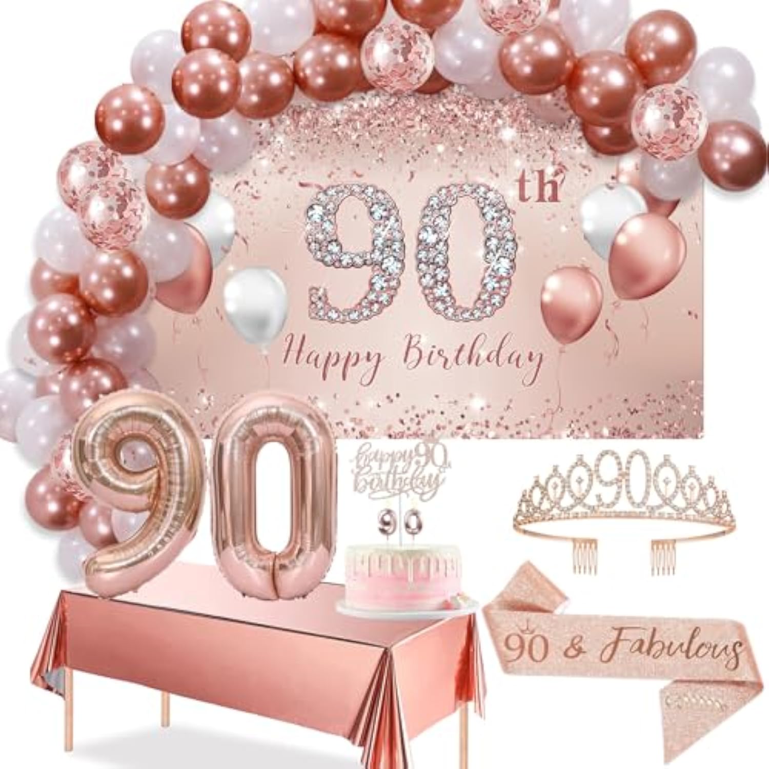 90Th Birthday Decorations Balloon Set Women'S Arch, Rose Gold 90Th Birthday Banner And Party Tablecloth, Belt And Tiara, Pink Gold 90Th Balloon, Pink Birthday Cake Top, Latex Balloon * 60