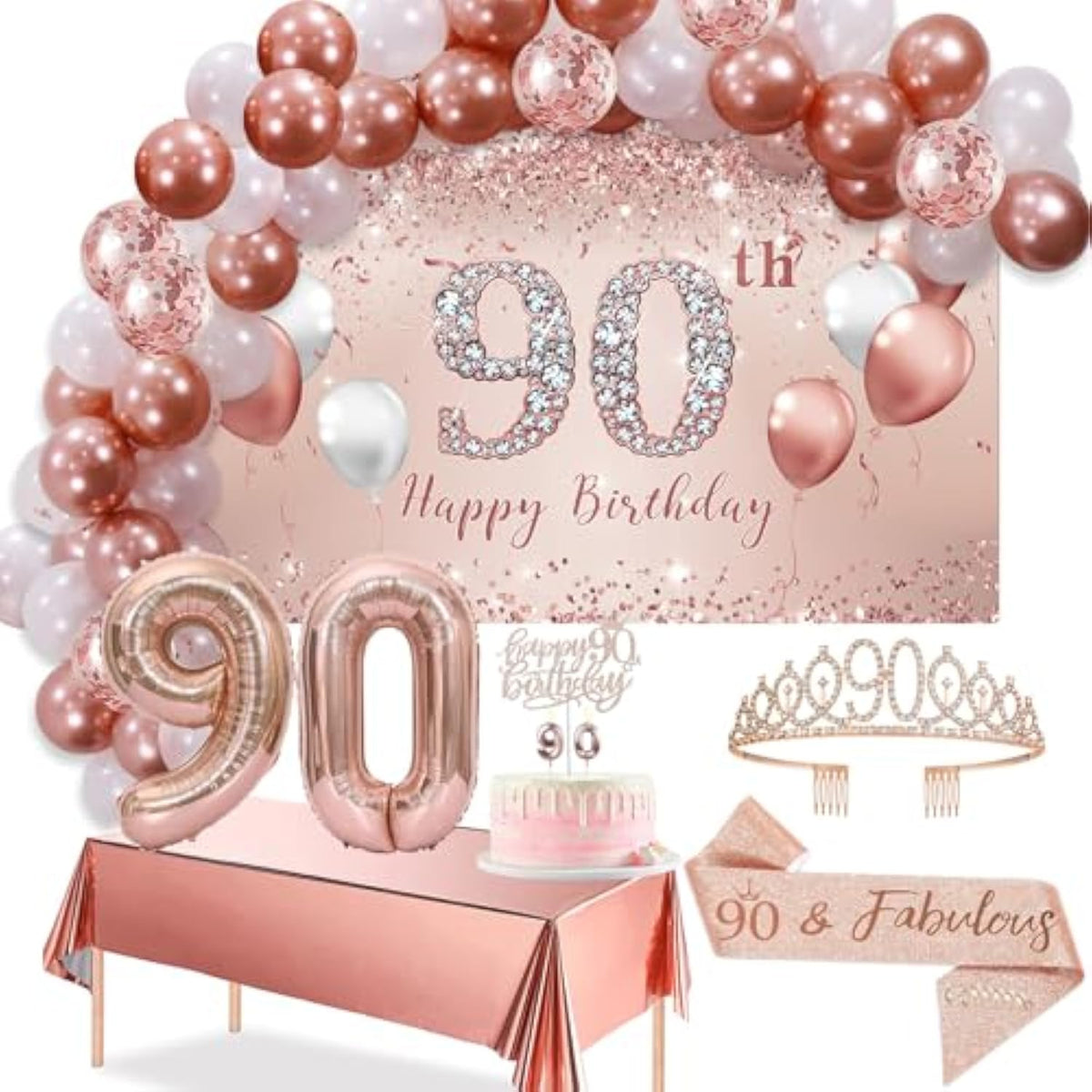 90Th Birthday Decorations Balloon Set Women'S Arch, Rose Gold 90Th Birthday Banner And Party Tablecloth, Belt And Tiara, Pink Gold 90Th Balloon, Pink Birthday Cake Top, Latex Balloon * 60