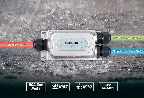 Intellinet Outdoor Vandalproof Gigabit Media Converter And Poe+ Injector 30W Max Output, 1 1000Base-X Sfp Port, 1 10/100/1000 Rj45 Port, Ip67 & Ik10 Rated 3 Yr Mfg 509213