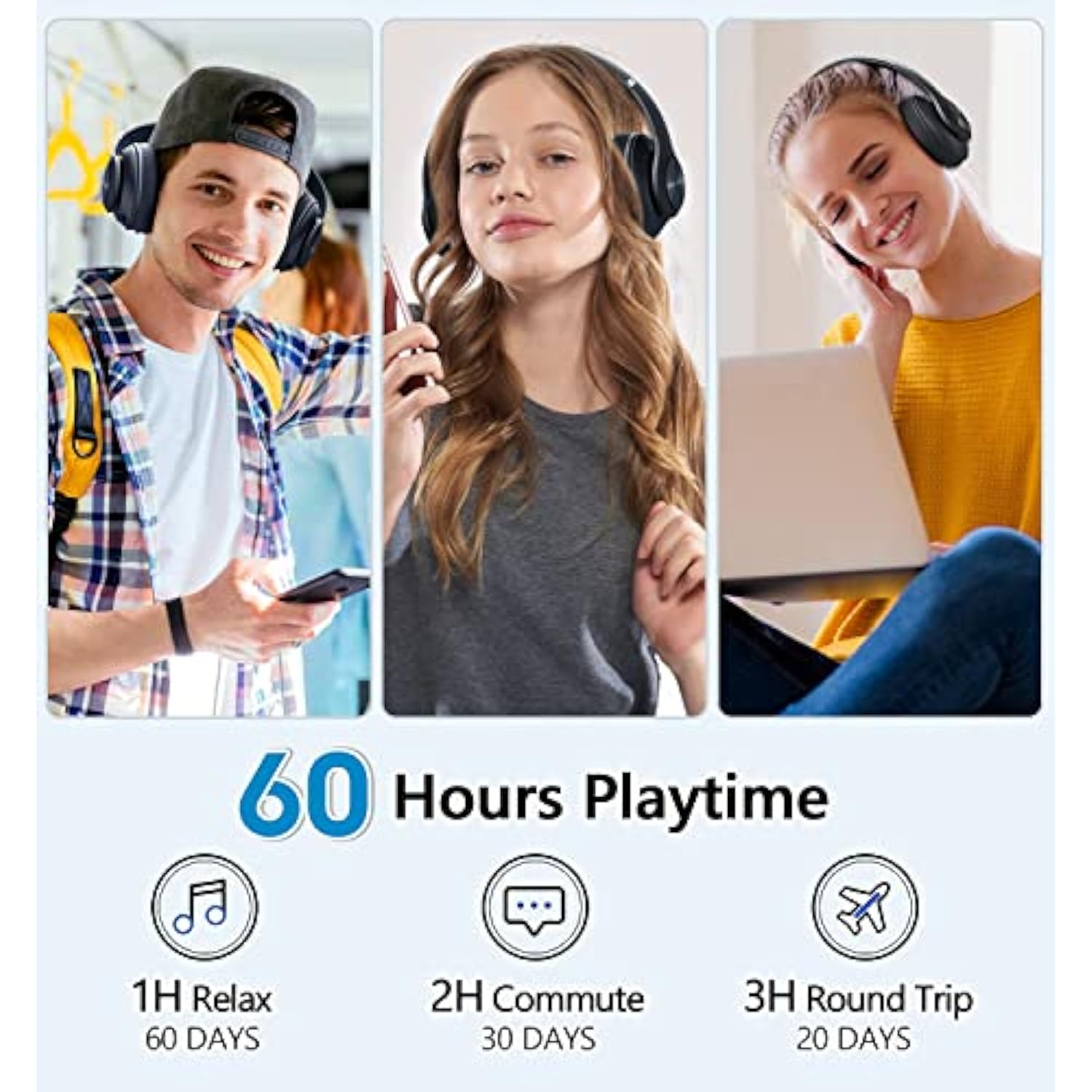 Bluetooth Headphones Over Ear, 60 Hours Playtime Foldable Headphones Wireless Bluetooth Hifi Stereo Deep Bass With 6 Eq Modes, Adjustable Lightweight Headset With Microphone, Fm, Sd/Tf For Adults