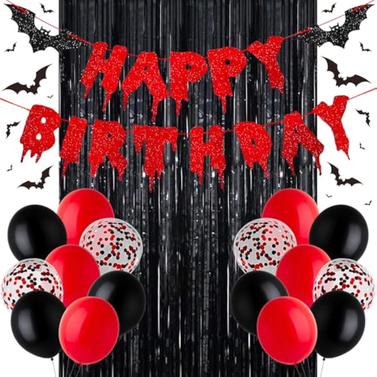 Halloween Happy Birthday Banner, Bloody Bat Vampire Red And Black Birthday Decorations, Glitter Foil Fringe Curtains Backdrop Balloons Horror Movie Themed Party Decoration Supplies