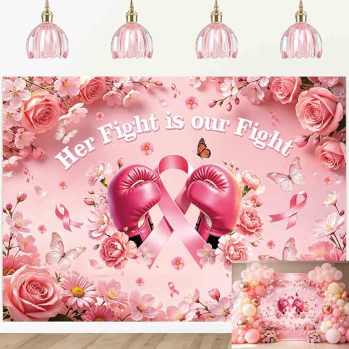 Breast Cancer Awareness Backdrop Pink Ribbon Boxing Gloves Floral Fight Photography Background Women Survivor Charity Walk Party Decor Banner Photo Props(7x5FT)