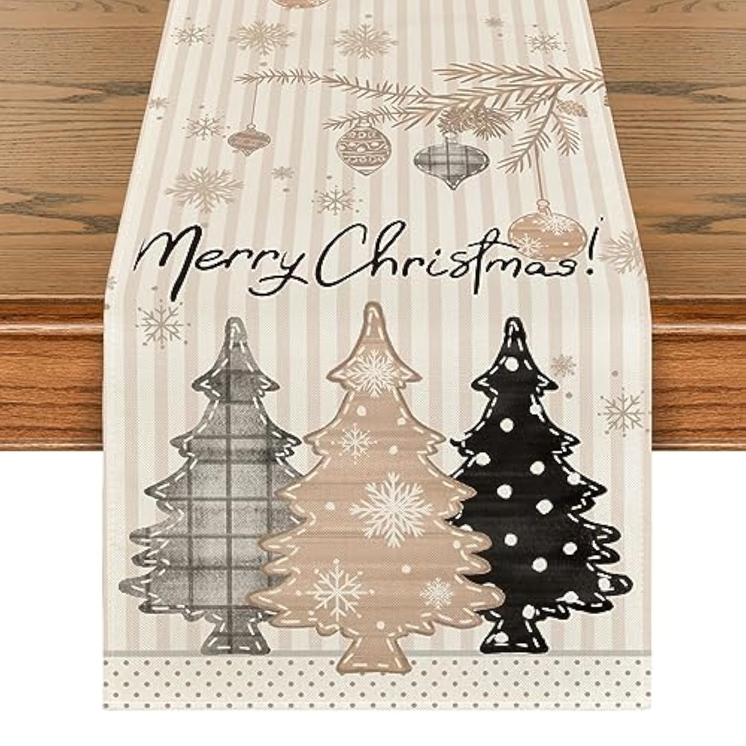 Stripes Pine Trees Merry Christmas Table Runner, Winter Xmas Holiday Kitchen Dining Table Decoration For Home Party Decor 13X72 Inch