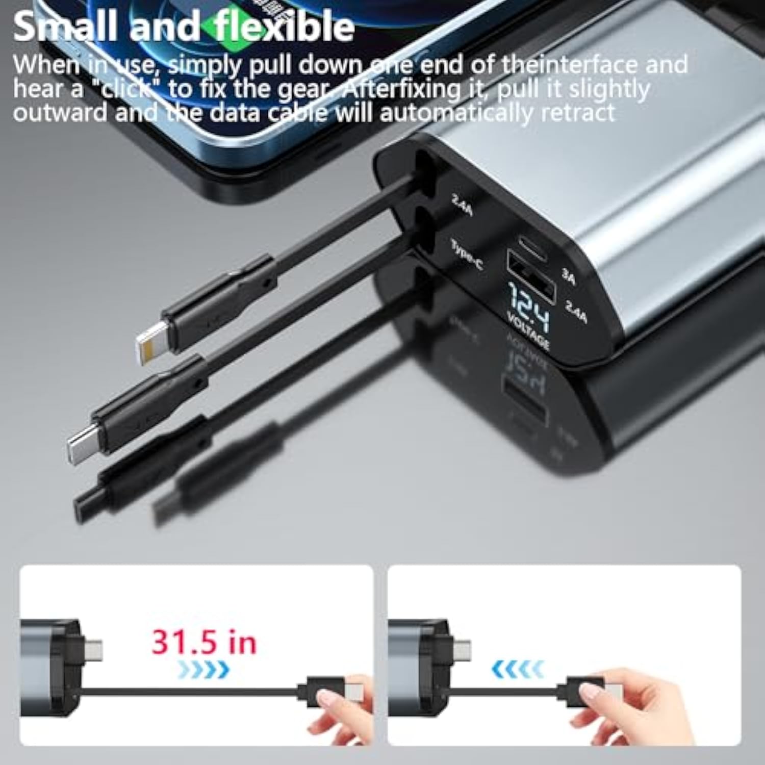 Retractable Car Charger, 120W 2.7Ft Retractable Cables And 4 Electronic Ports, Car Accessories Compatible For Ios & Android Cell Phones All Device Charging