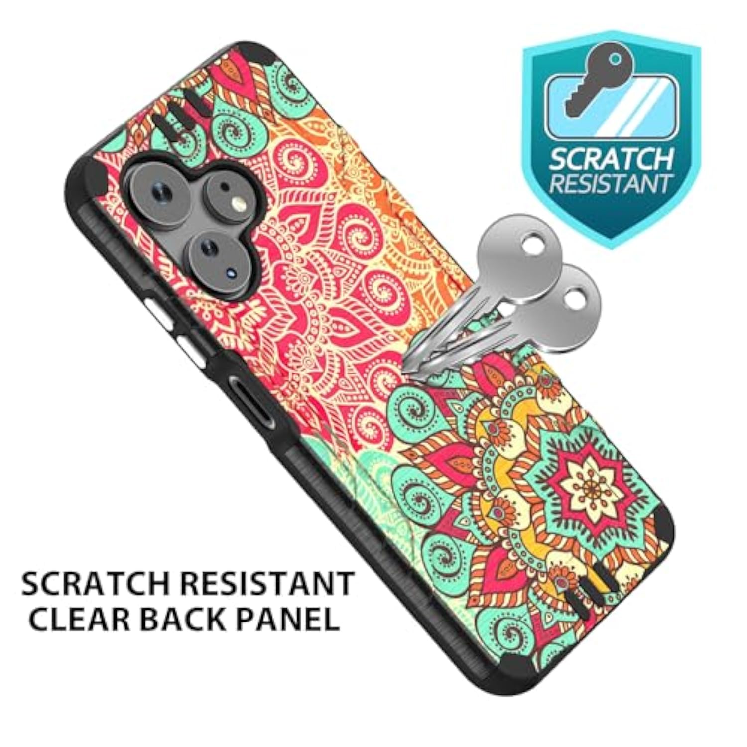 Compatible For Boost Mobile Celero 5G + Plus 2024 (3Rd Version) Case, Tempered Glass Screen Protector Hybrid Shockproof Metallic Brush Finish Celero3 5G + Phone Case (Mandala)