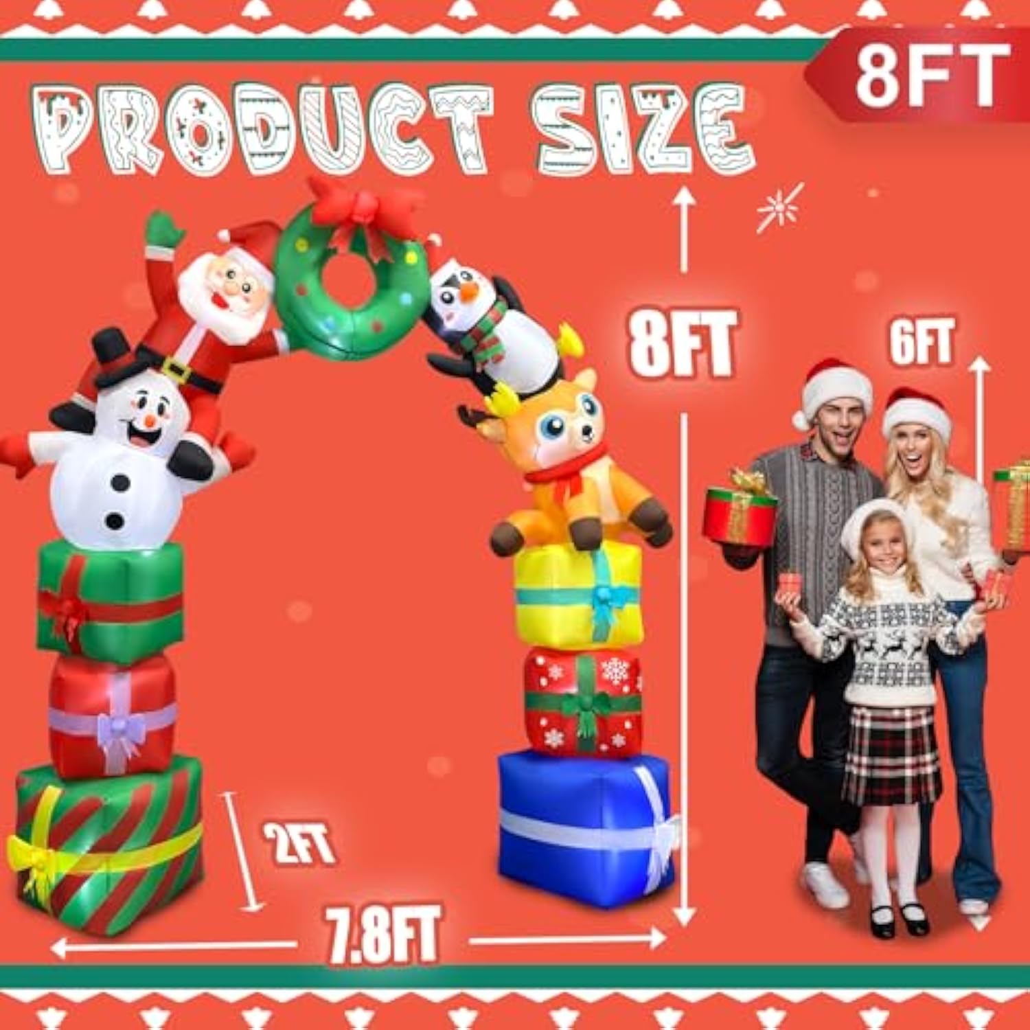 8Ft Christmas Inflatables Archway Outdoor Decorations, Santa Penguin Snowman Reindeer With Giftbags Built-In Led Lighted