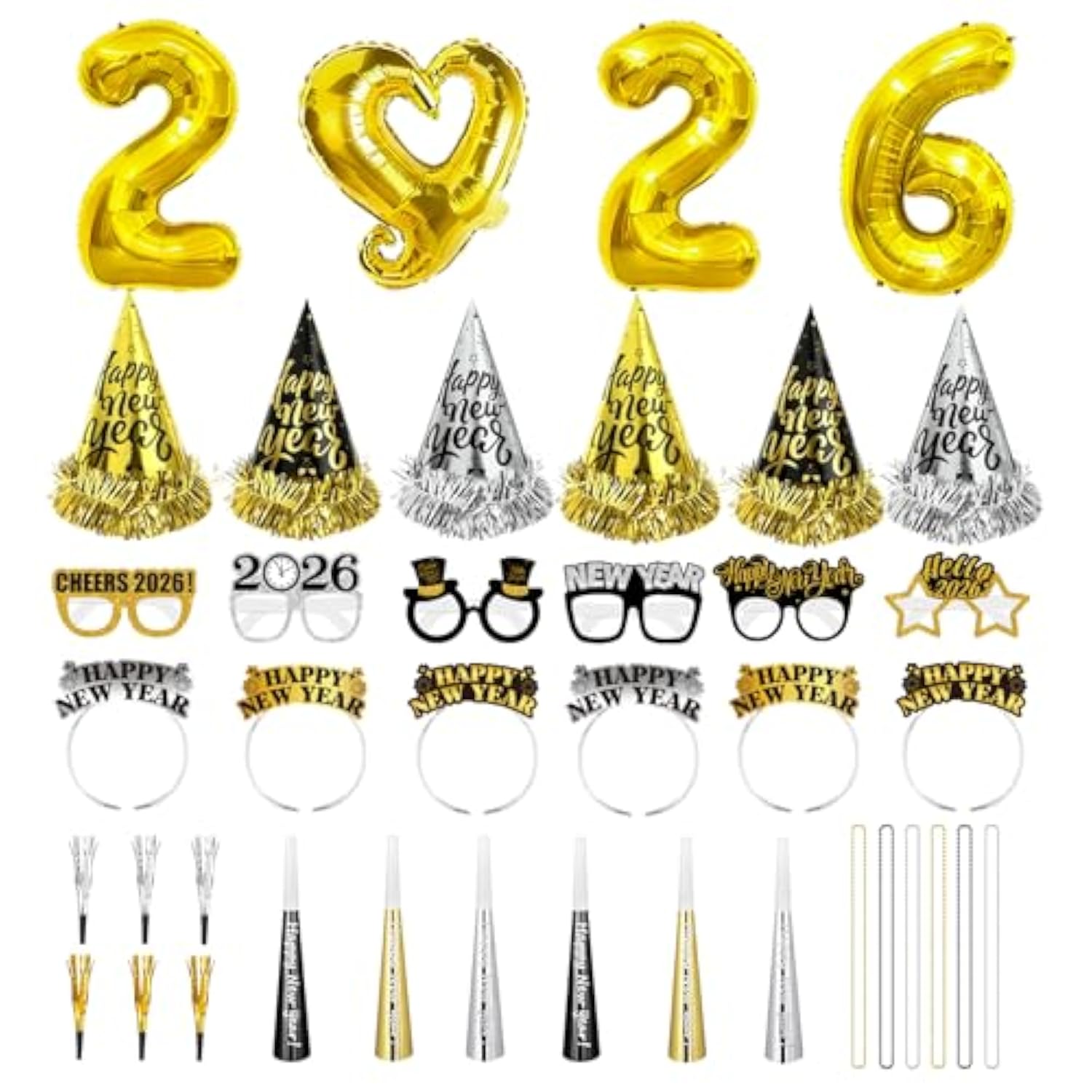 40 Pcs Black Gold Happy New Year 2026 Party Supplies Set