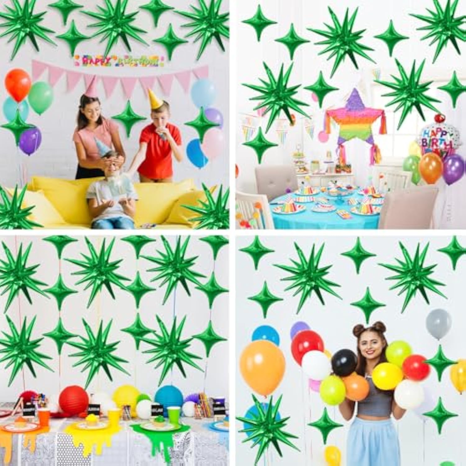 Green & Explosion Star Foil Balloons Kit – 16pcs Party Decor for Disco, Birthday, Events