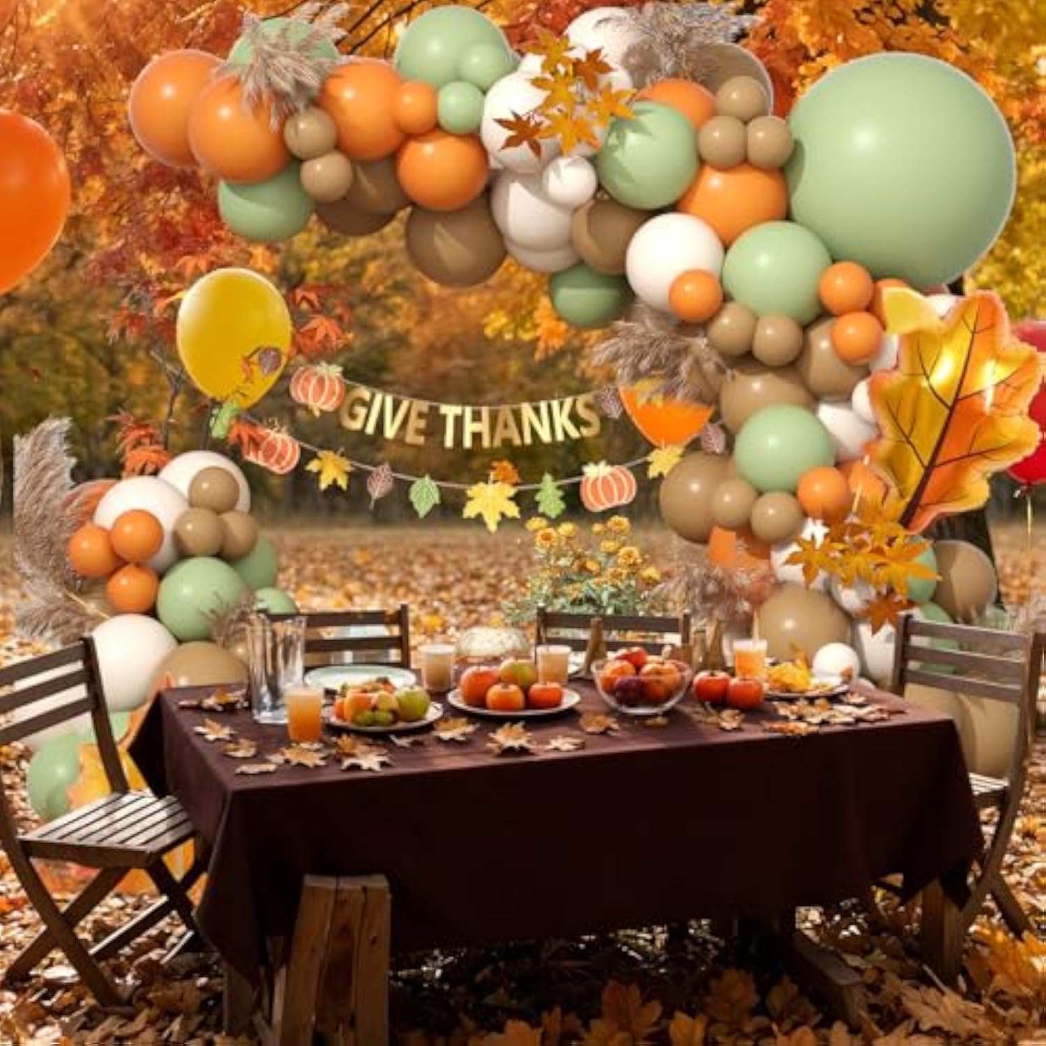 Fall Balloon Garland Arch Kit Brown Orange Green with Maple Leaf for Thanksgiving Party